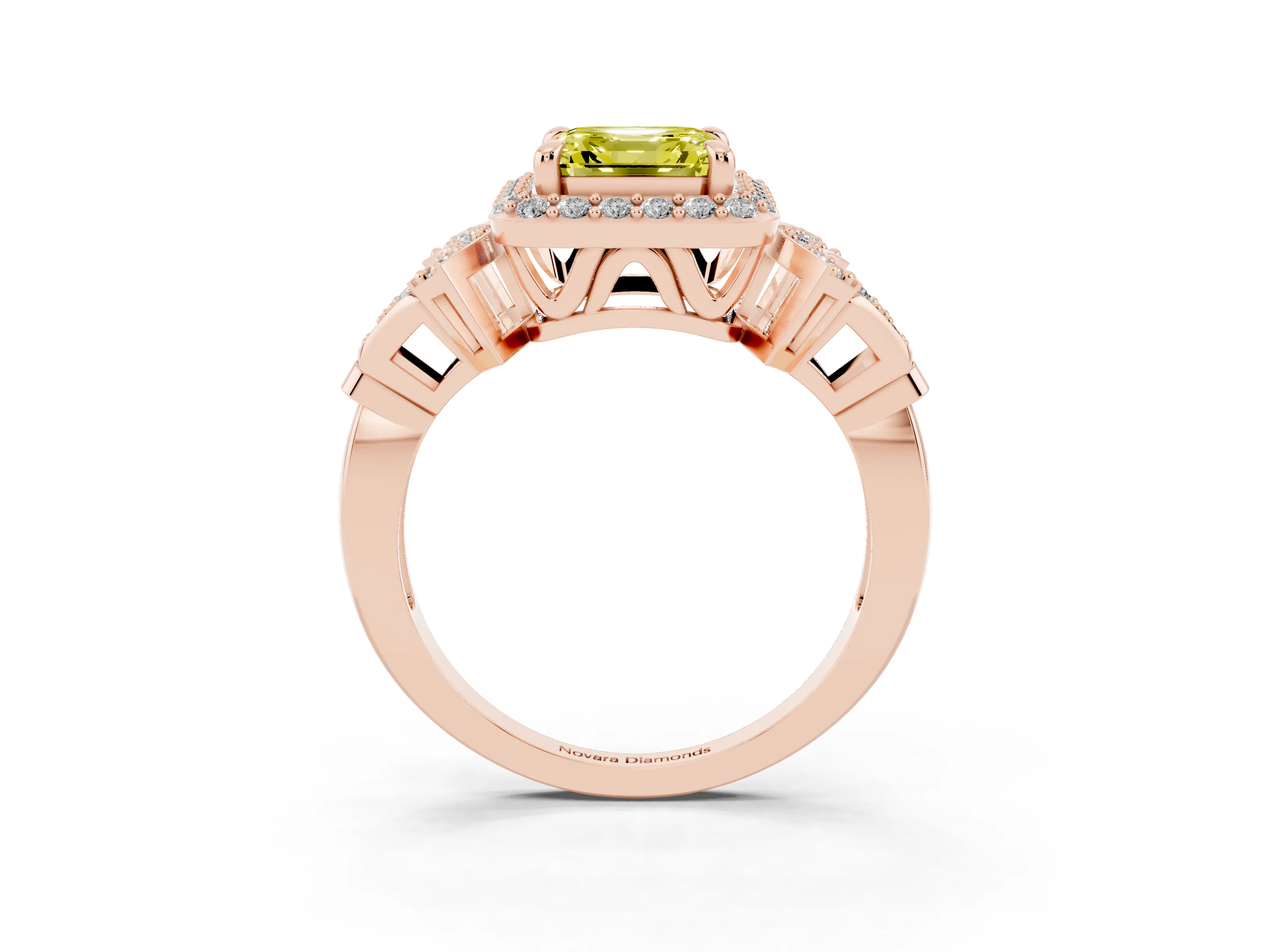 Fancy Yellow Asscher Cut Diamond Halo Engagement Ring Set in Rose gold with Accent Stone Split Shank