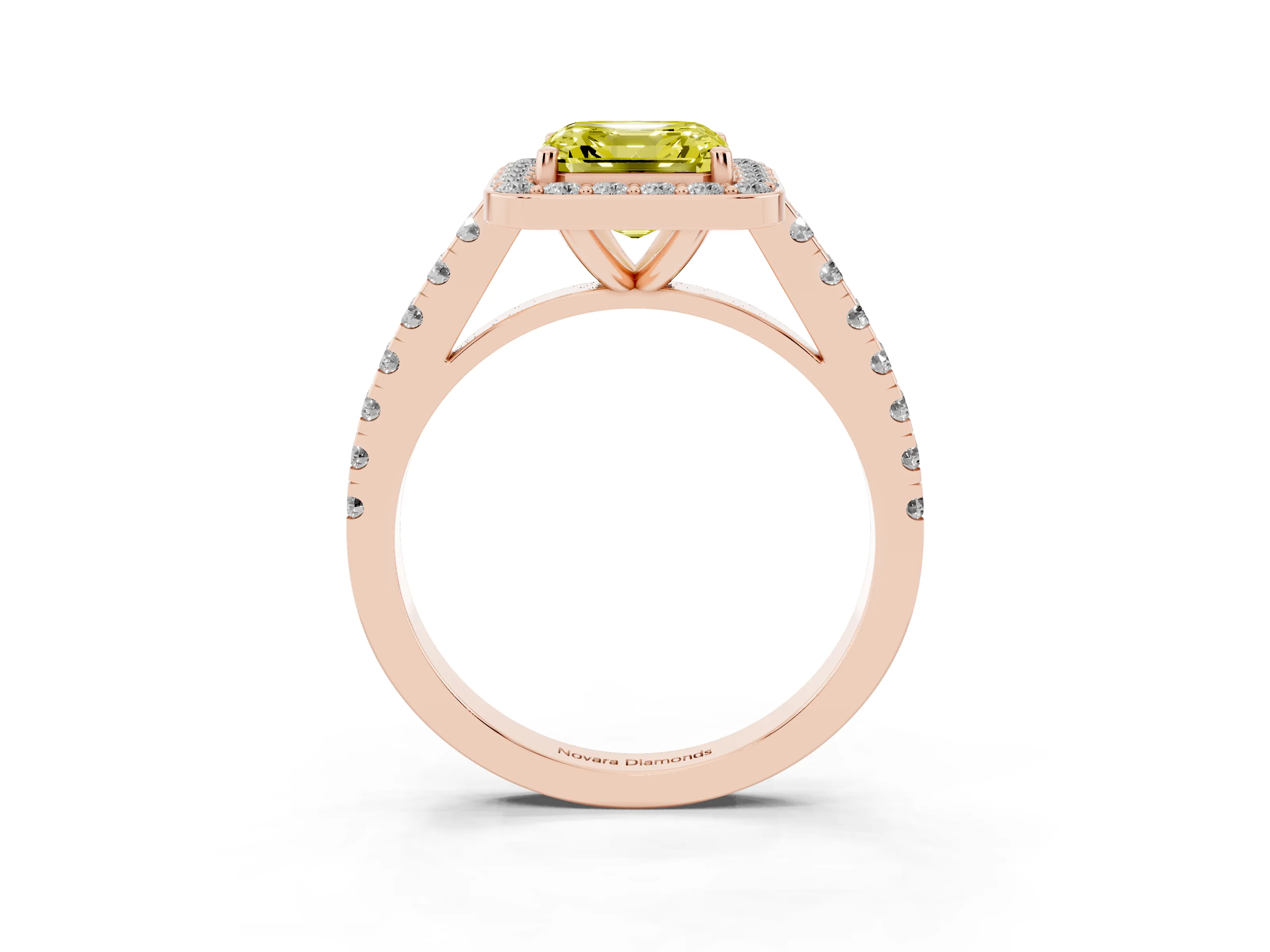 Fancy Yellow Asscher Cut Diamond Halo Ring Set in Rose gold with Round Pavé Split Shank and Prong Setting