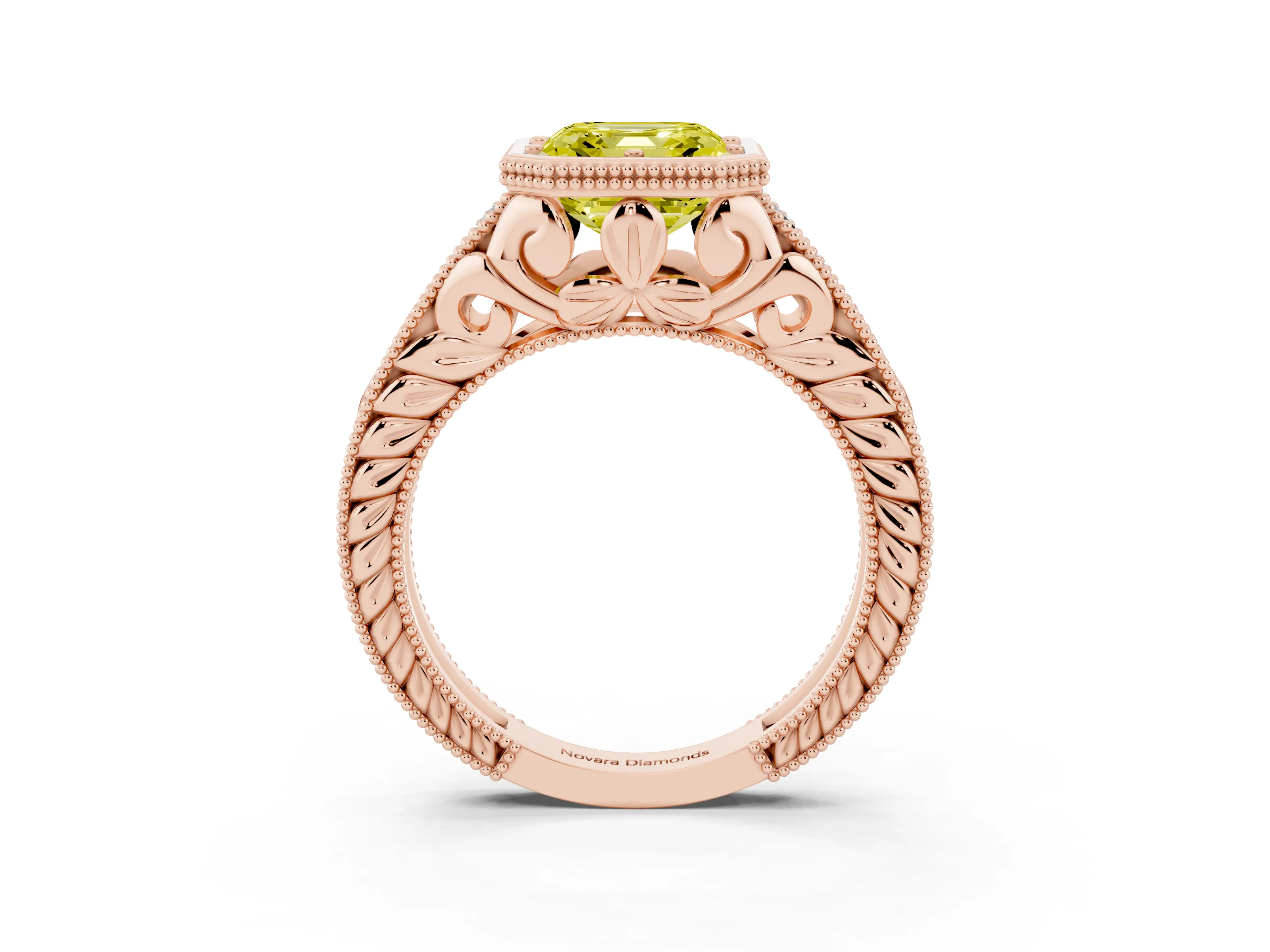 Fancy Yellow Bezel Set Asscher Cut Diamond Milgrain Pavé Engagement Ring Set in Rose gold