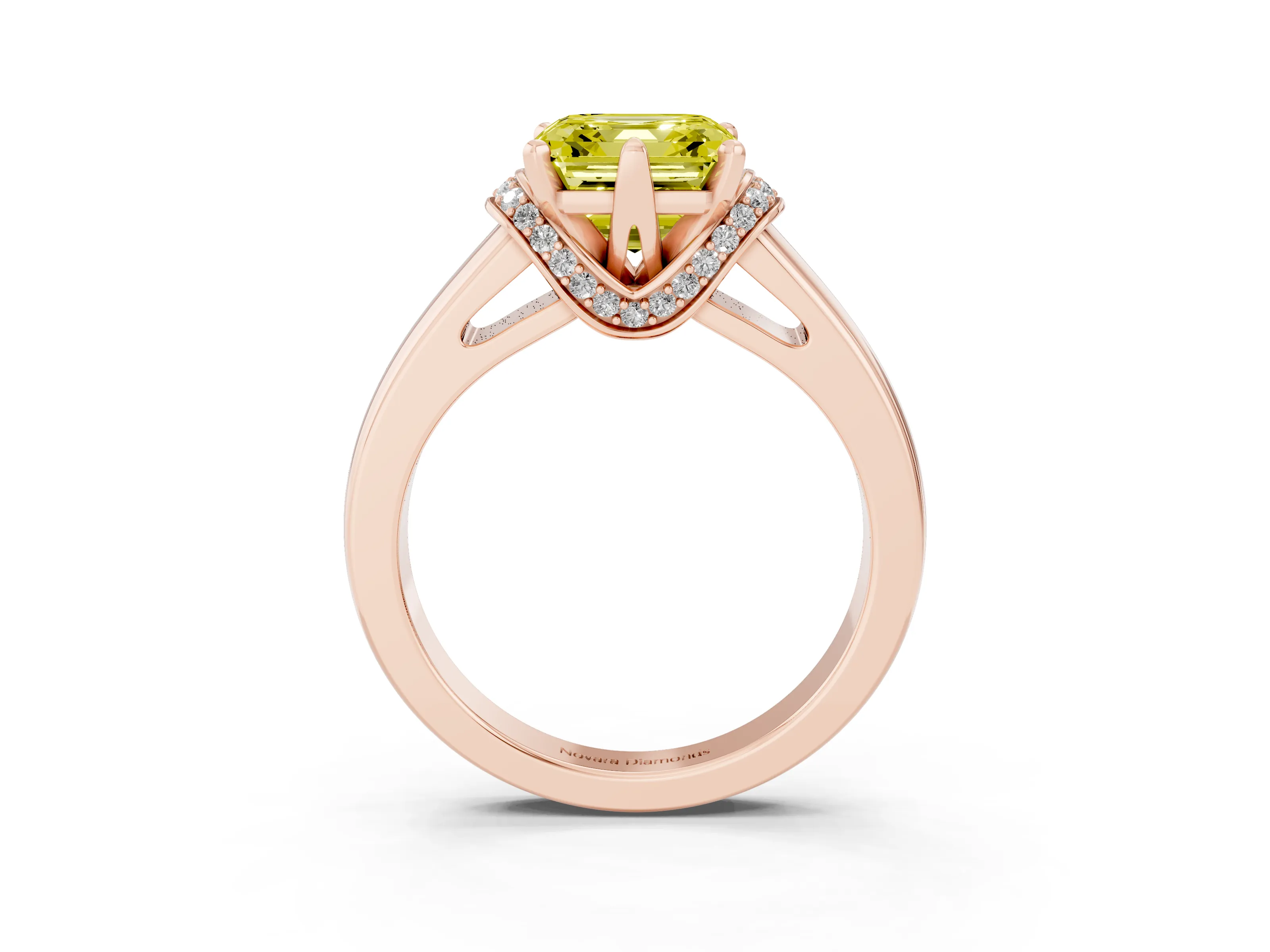Fancy Yellow Asscher Cut Diamond Pavé Band Solitaire Ring Set in Rose gold with Prong Setting