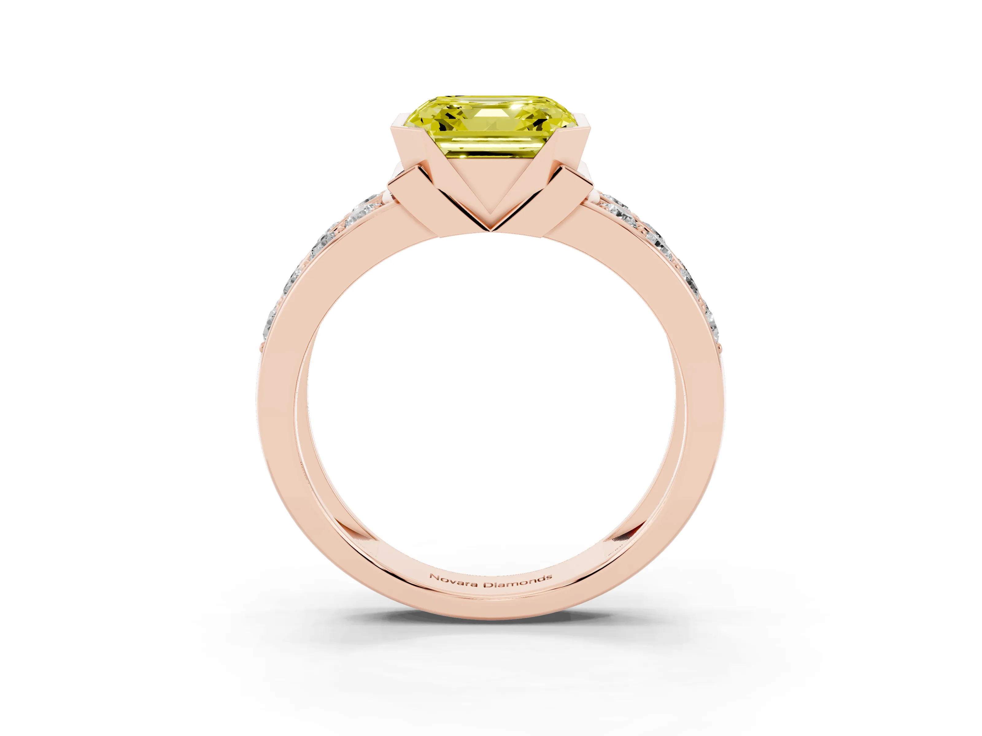 Fancy Yellow Asscher Cut Diamond Wide Channel Set Band Ring Set in Rose gold with Bezel Setting