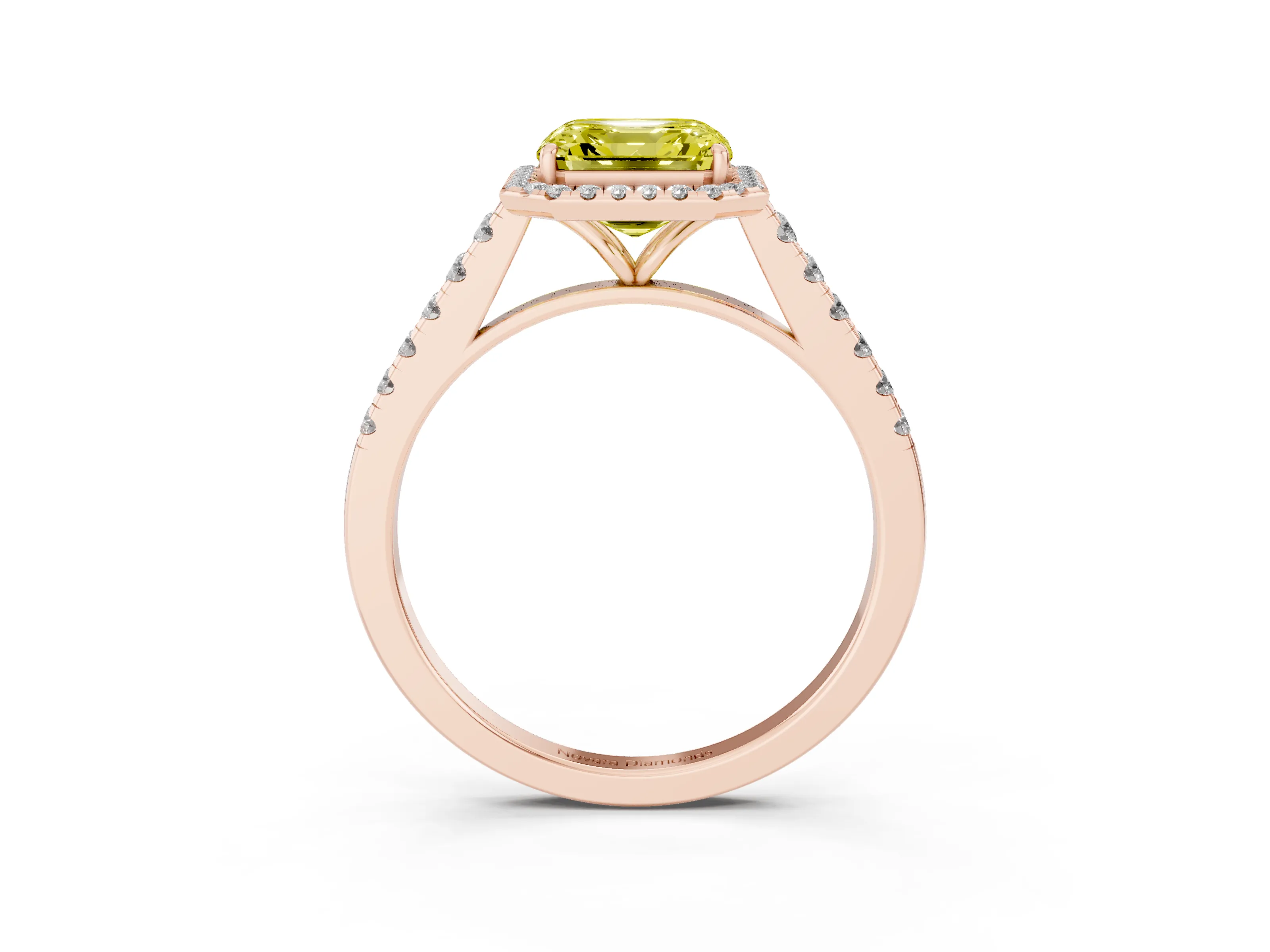 Fancy Yellow Asscher Cut Diamond Halo Pavé Engagement Ring Set in Rose gold with Prong Setting