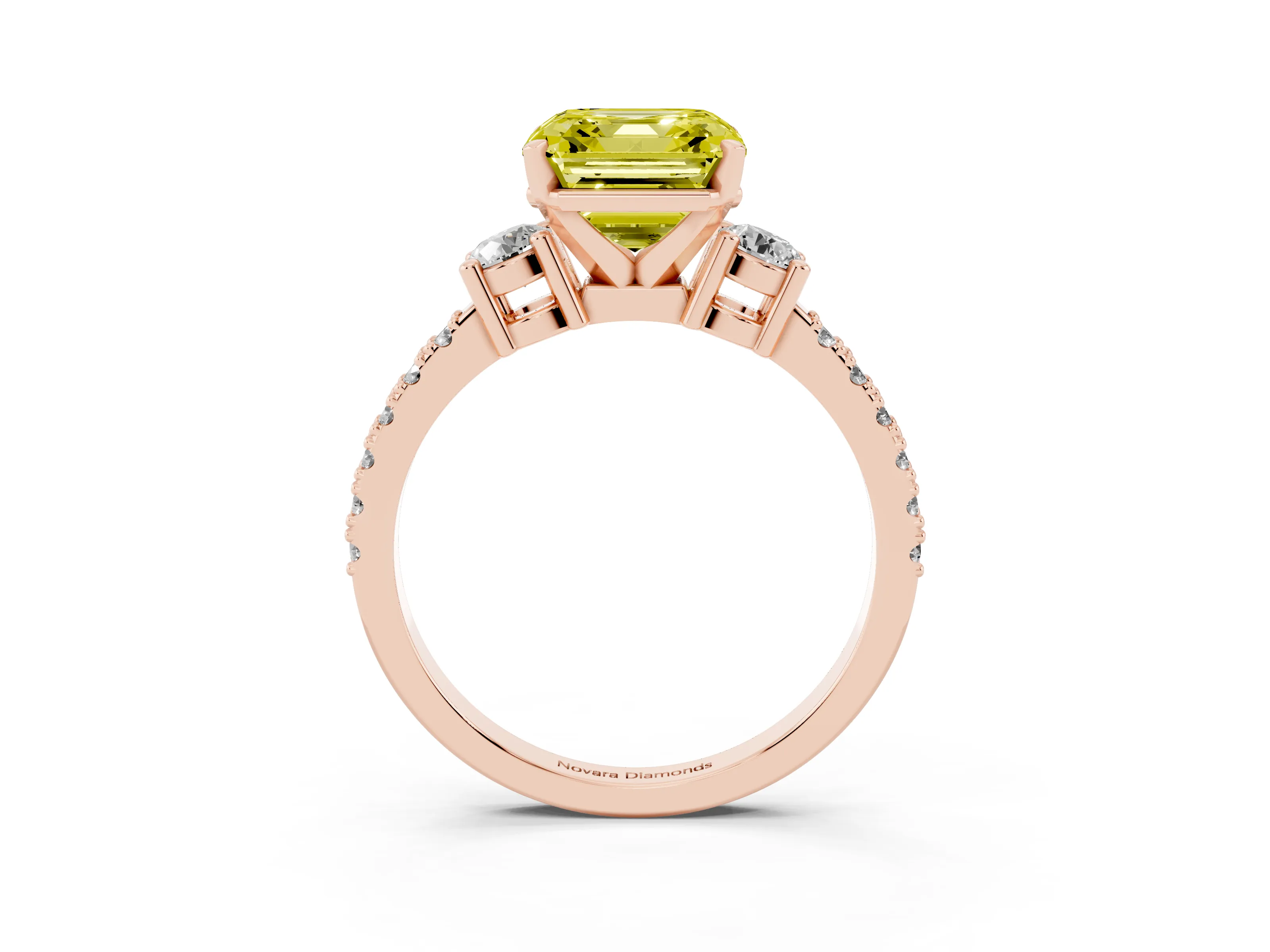 Fancy Yellow Three-Stone Asscher Cut Diamond Pavé Band Ring Set in Rose gold with Prong Setting