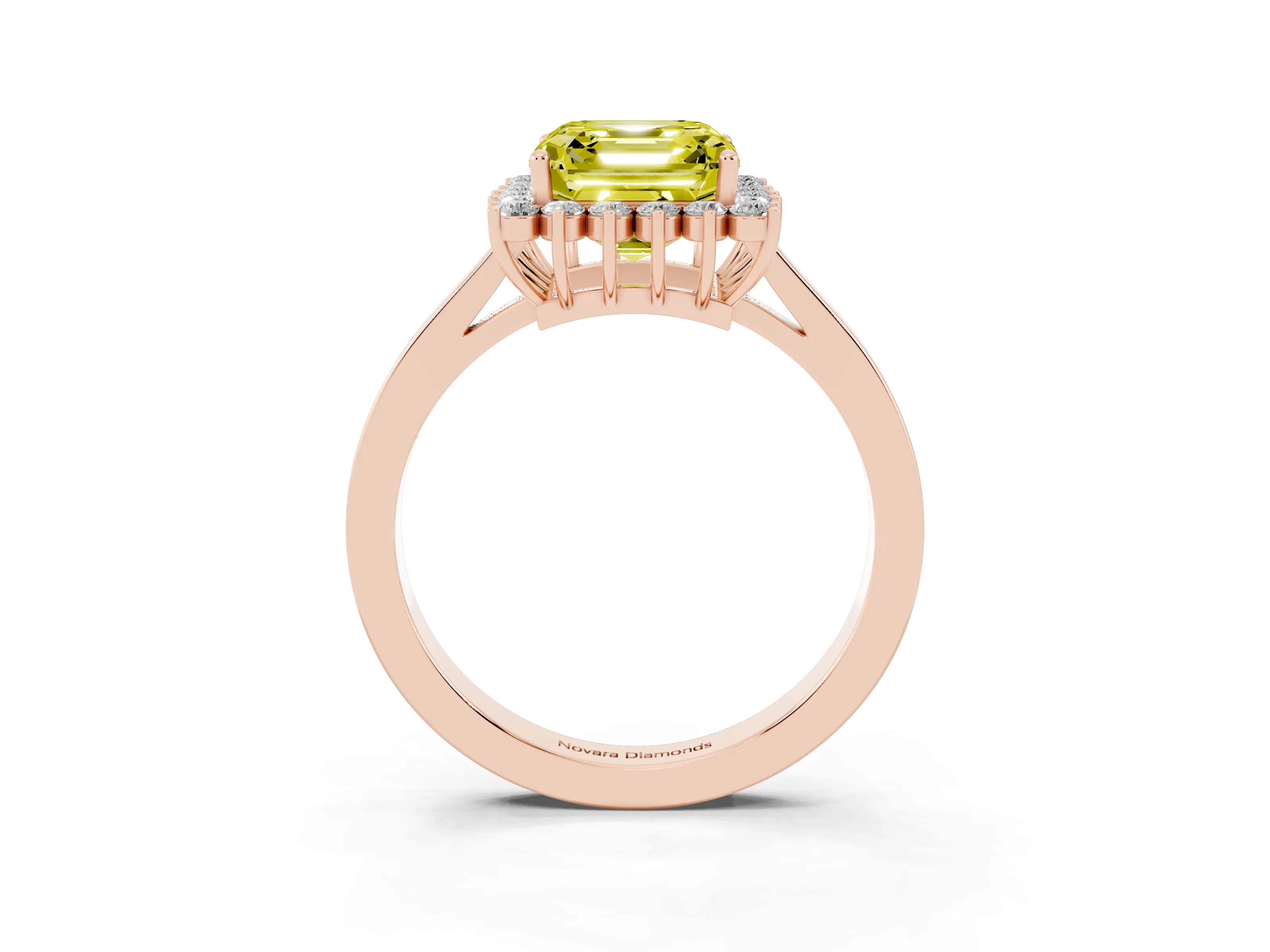 Fancy Yellow Asscher Cut Diamond Halo Ring Set in Rose gold with Round Halo and Smooth Solitaire Band