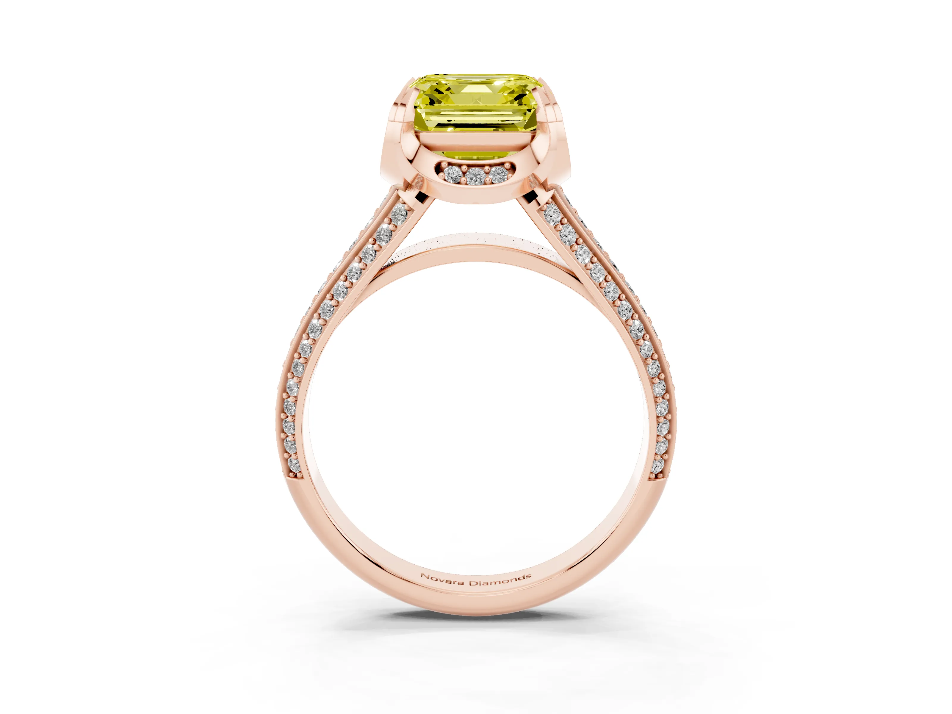 Fancy Yellow Asscher Cut Diamond Pavé Split Shank Solitaire Ring Set in Rose gold with Prong Setting