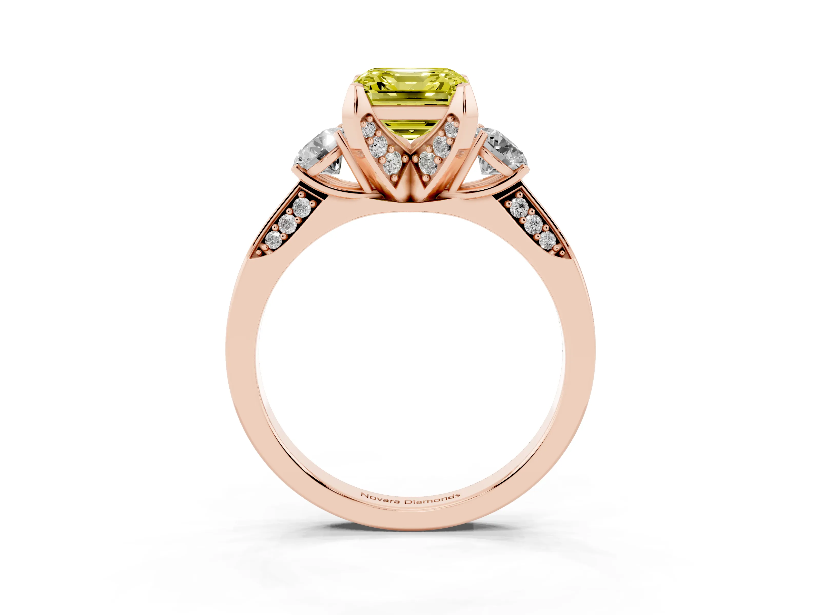 Fancy Yellow Asscher Cut Diamond Three-Stone Ring Set in Rose gold with Pavé Band and Smaller Side Stones
