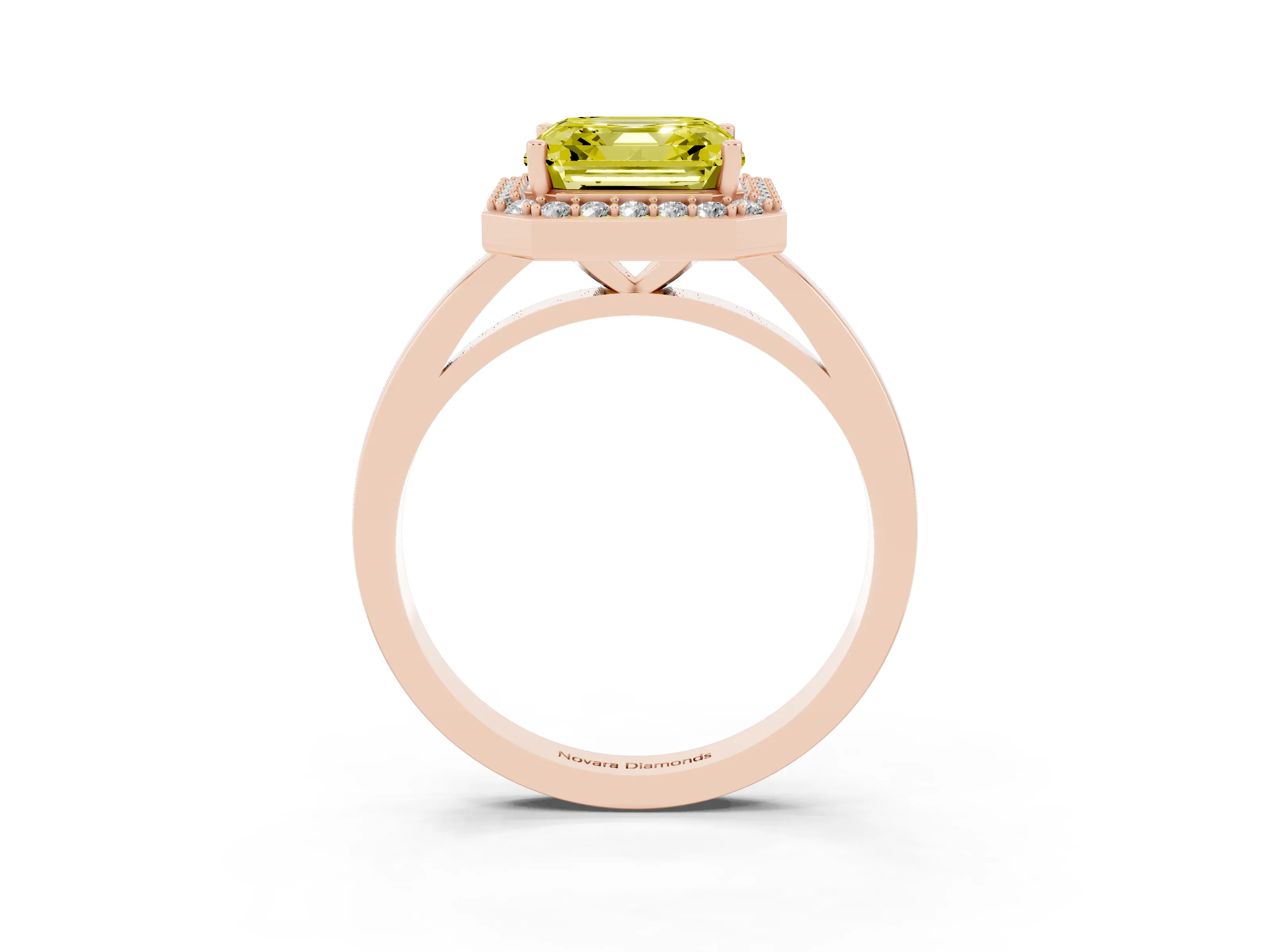 Fancy Yellow Asscher Cut Diamond Halo Ring Set in Rose gold with Solitaire Band and Prong Setting