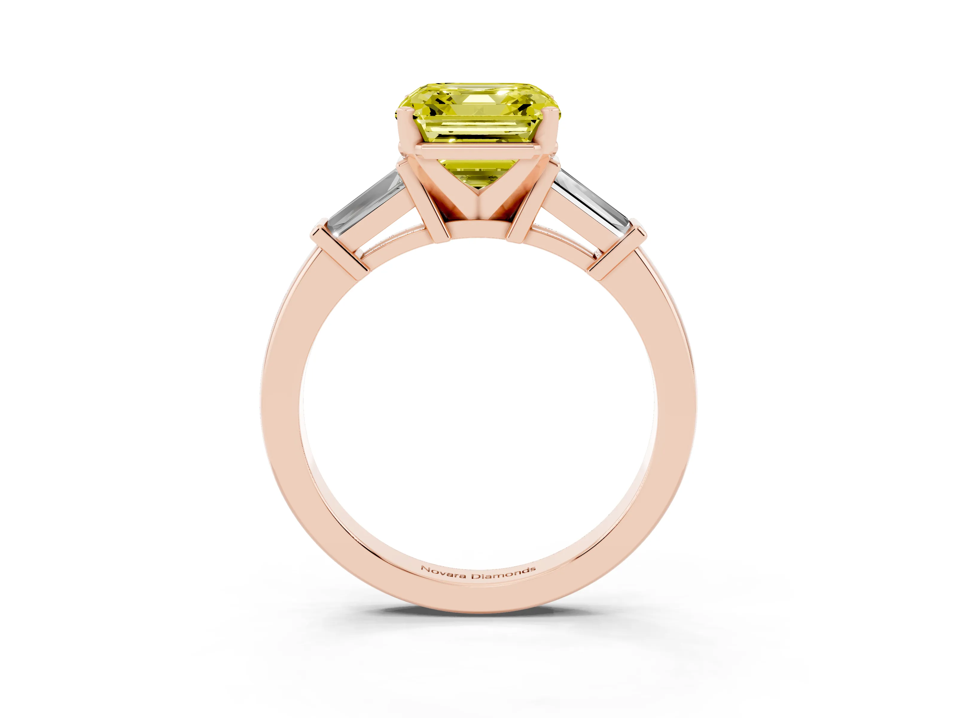 Fancy Yellow Asscher Cut Diamond Solitaire Ring Set in Rose gold with Tapered Baguette Accents and Prong Setting