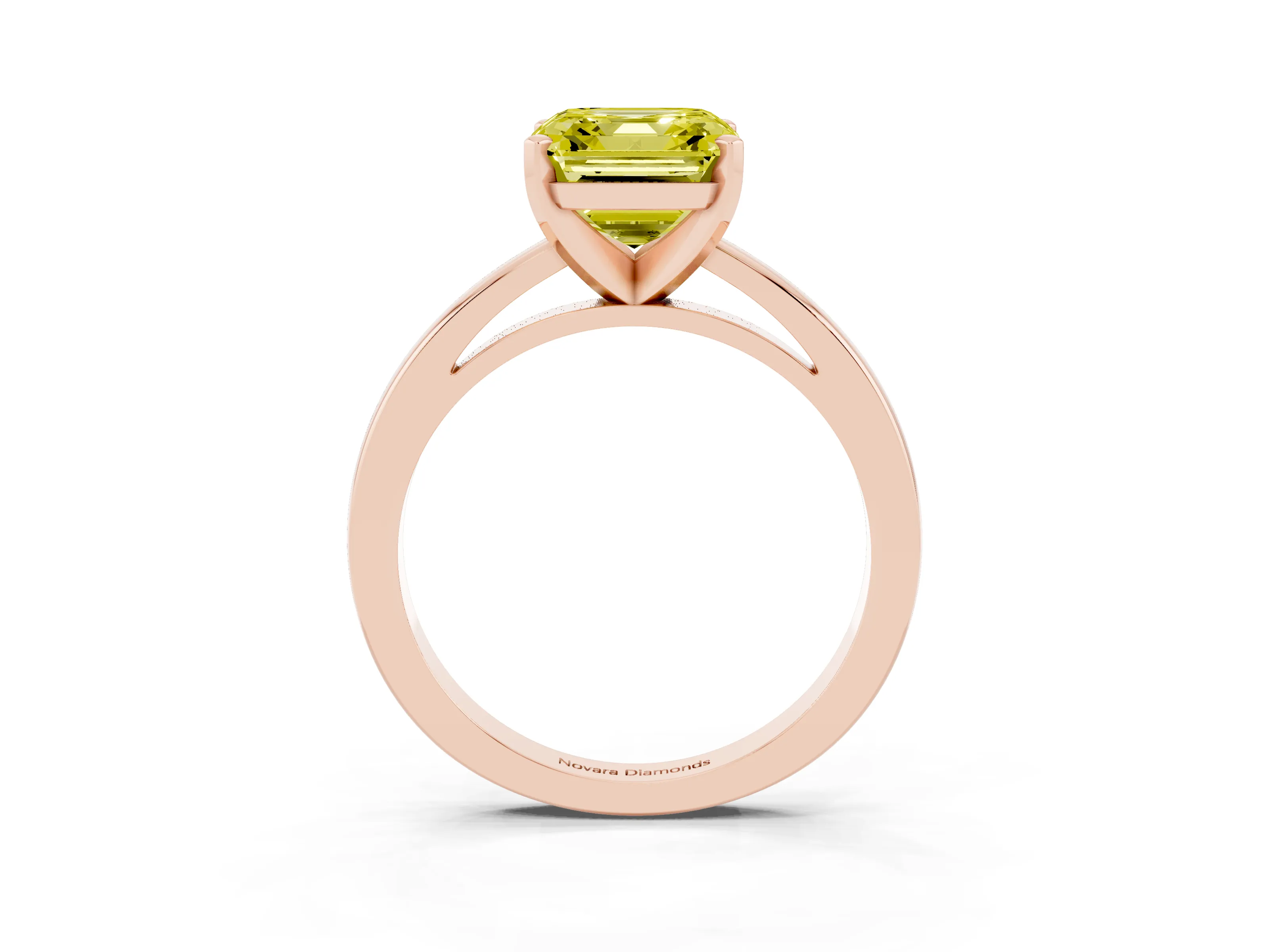 Fancy Yellow Asscher Cut Diamond Solitaire Engagement Ring Set in Rose gold with Prong Setting on a Classic Band