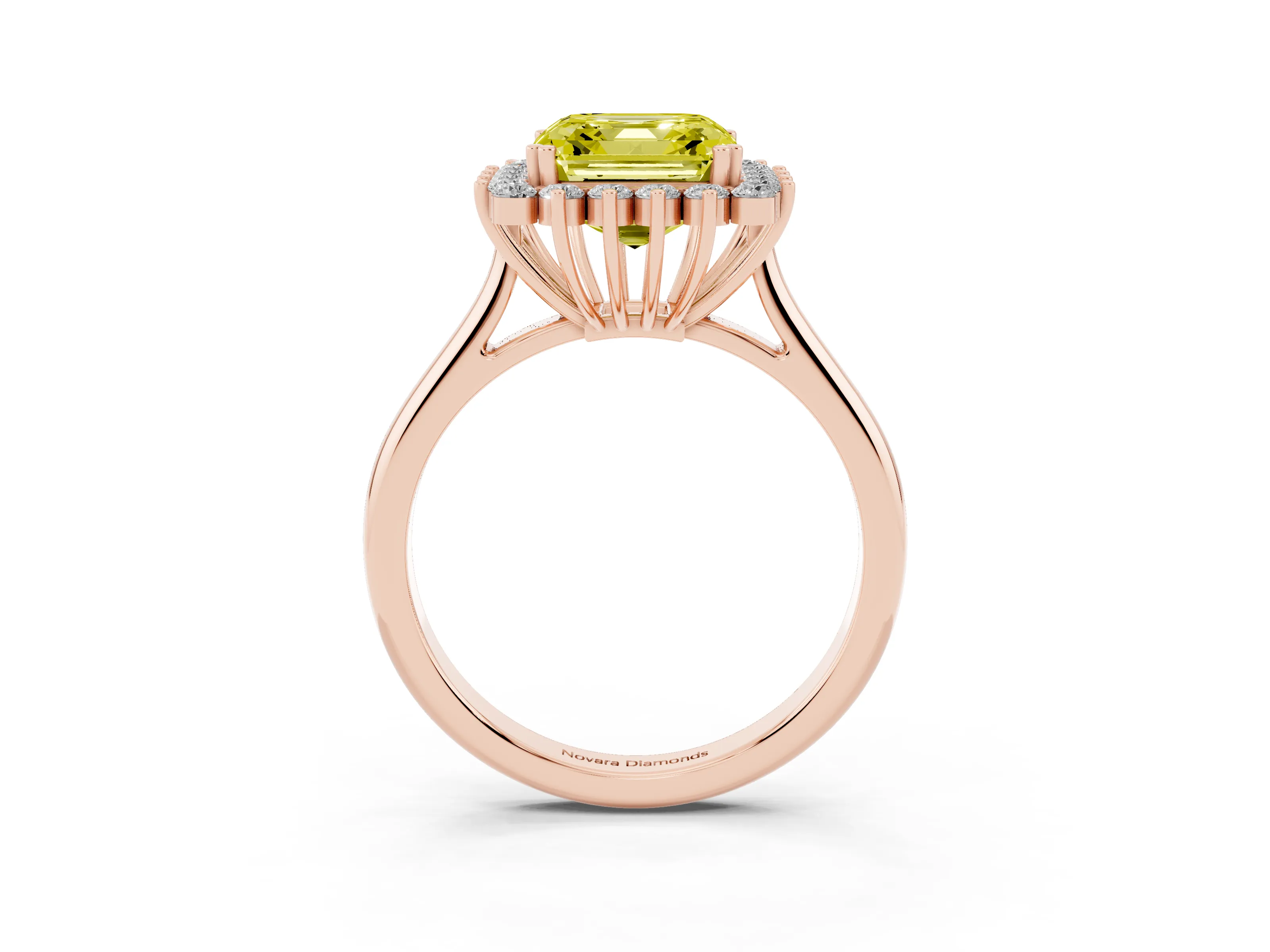 Fancy Yellow Asscher Cut Diamond Halo Ring Set in Rose gold with Plain Solitaire Band and Prong Setting