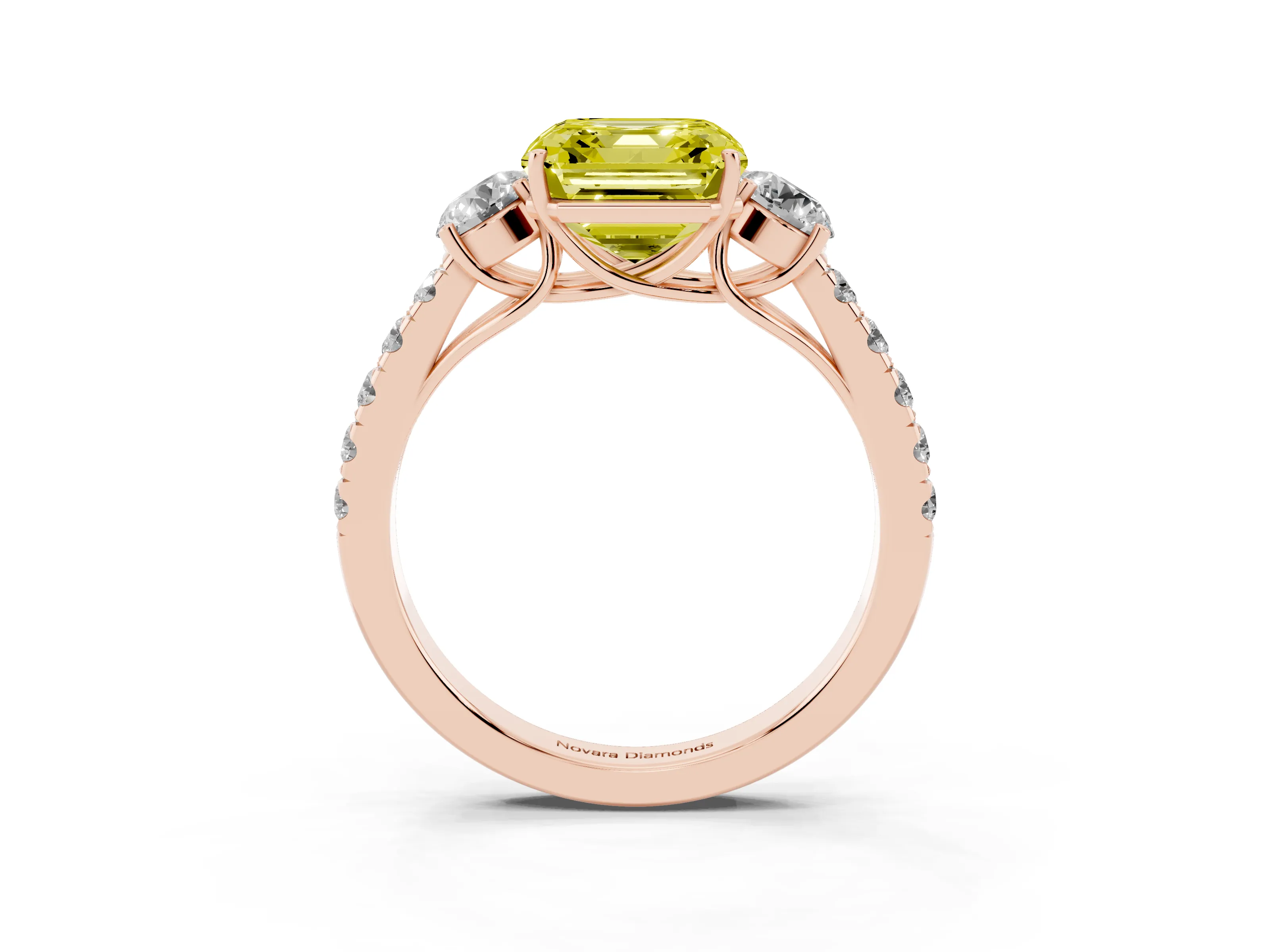 Fancy Yellow Asscher Cut Diamond Three-Stone Ring Set in Rose gold with Round Side Stones and Delicate Pavé Band