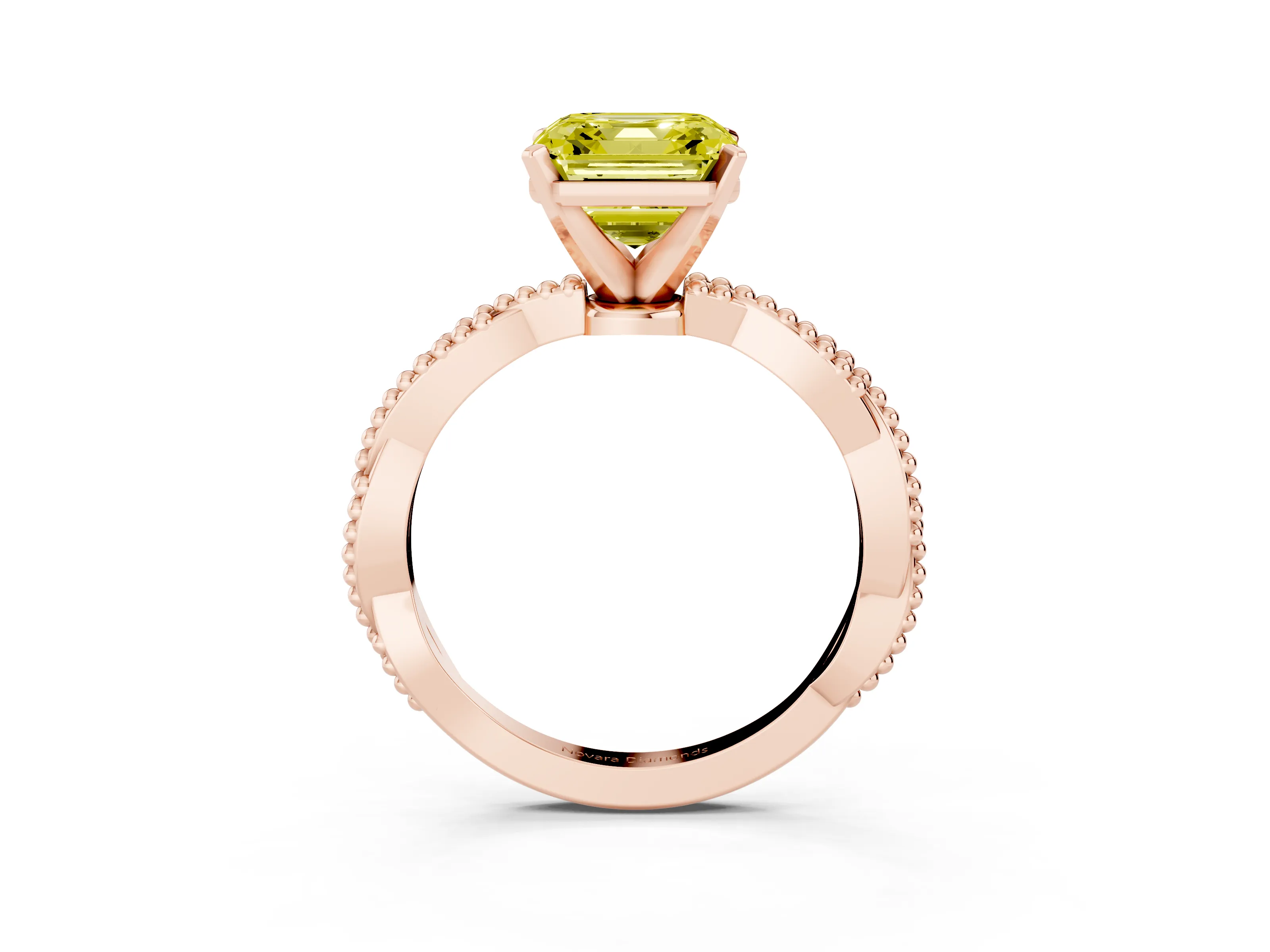Fancy Yellow Asscher Cut Diamond Solitaire Ring Set in Rose gold with Twisted Band and Bead Prong Setting
