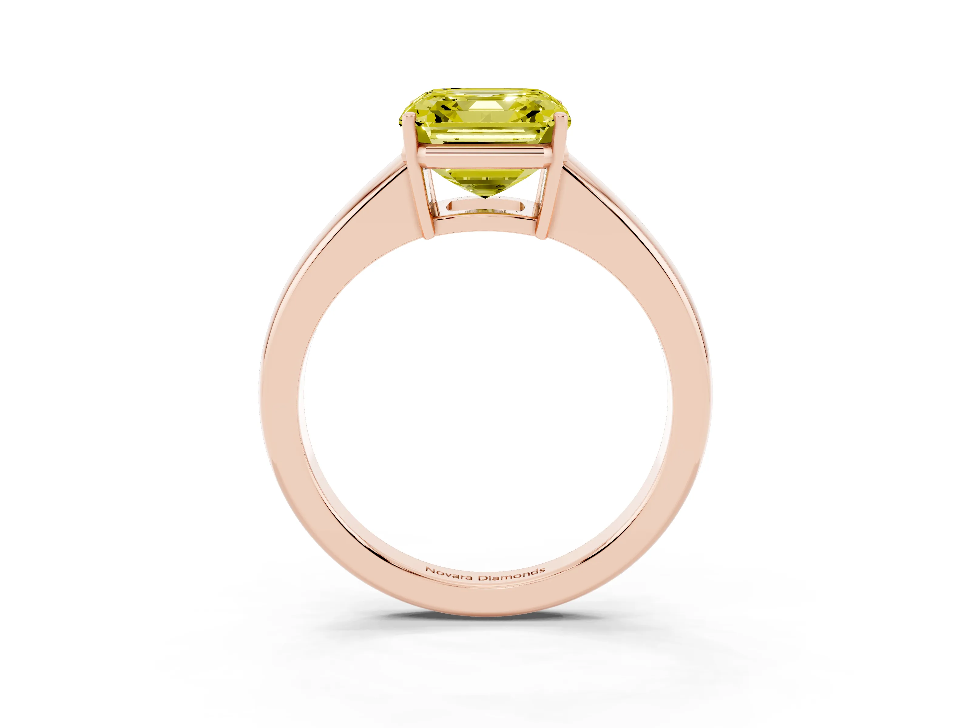 Fancy Yellow Asscher Cut Diamond Solitaire Ring Set in Rose gold with Tapered Band and Prong Setting