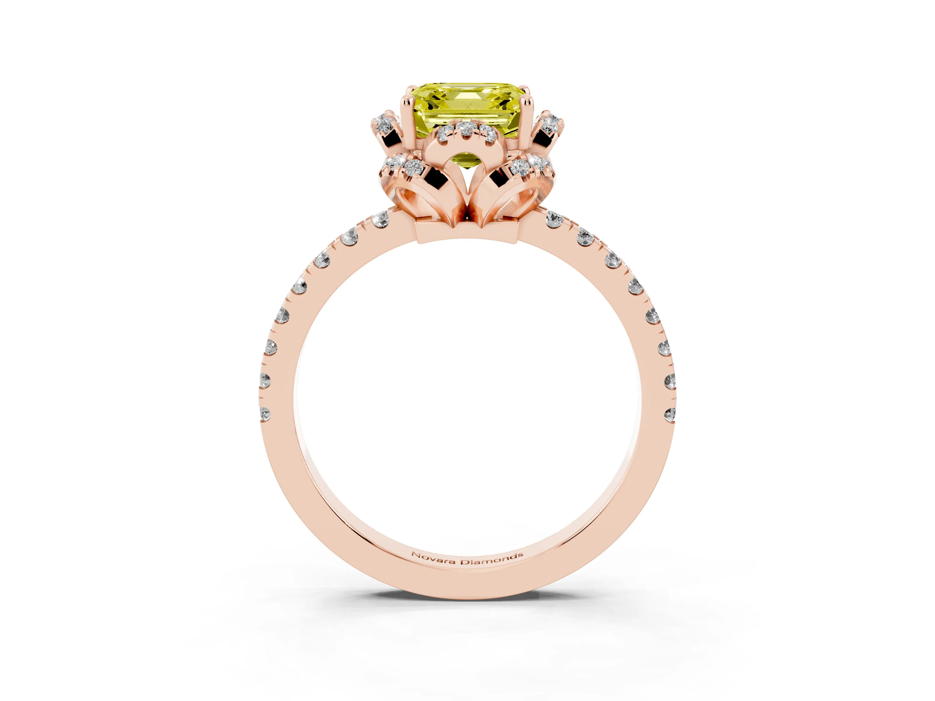 Fancy Yellow Asscher Cut Diamond Halo Pavé Band Ring Set in Rose gold with Prong-Held Center