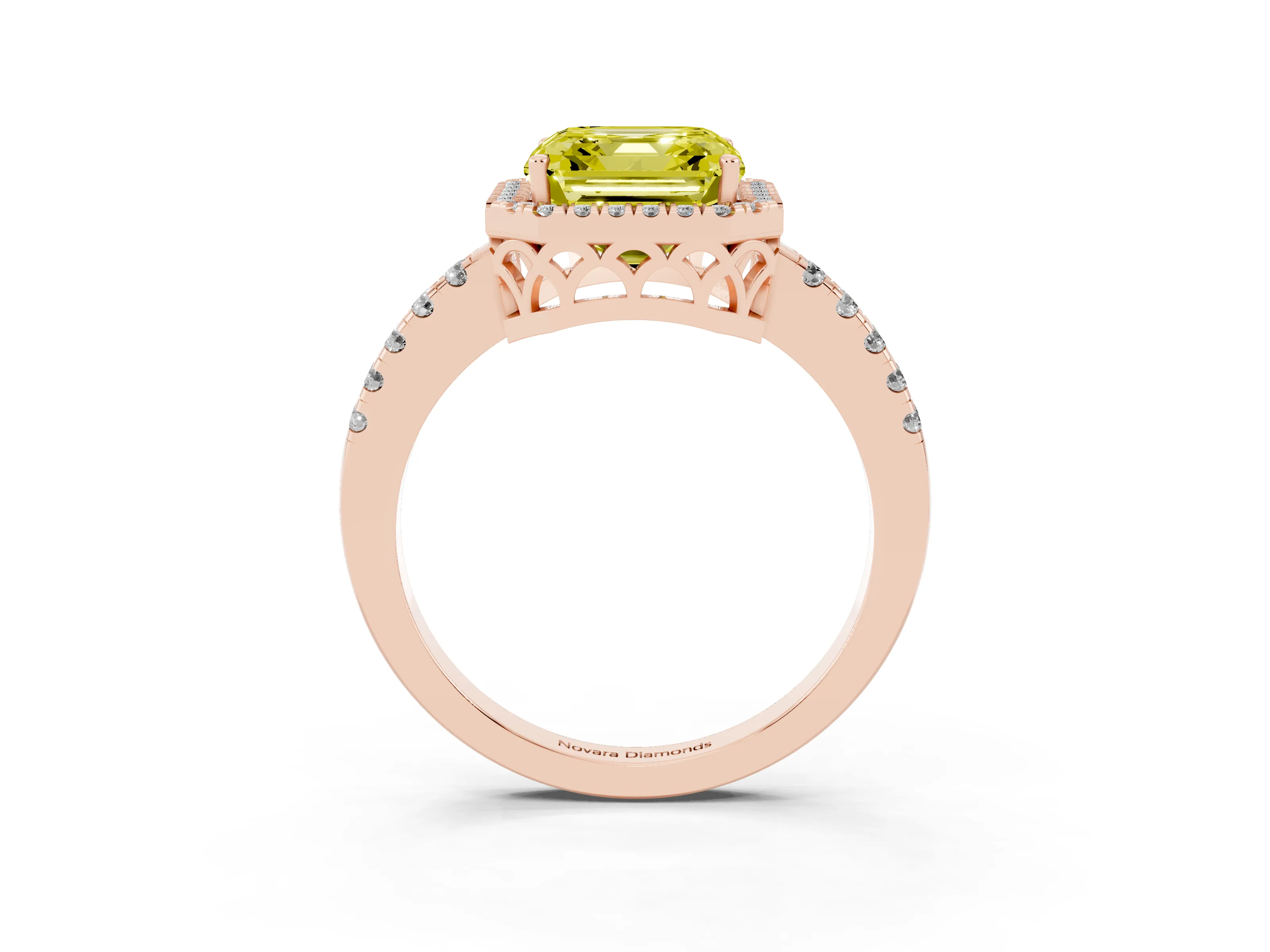 Fancy Yellow Asscher Cut Diamond Pavé Band Halo Engagement Ring Set in Rose gold with Prong Setting