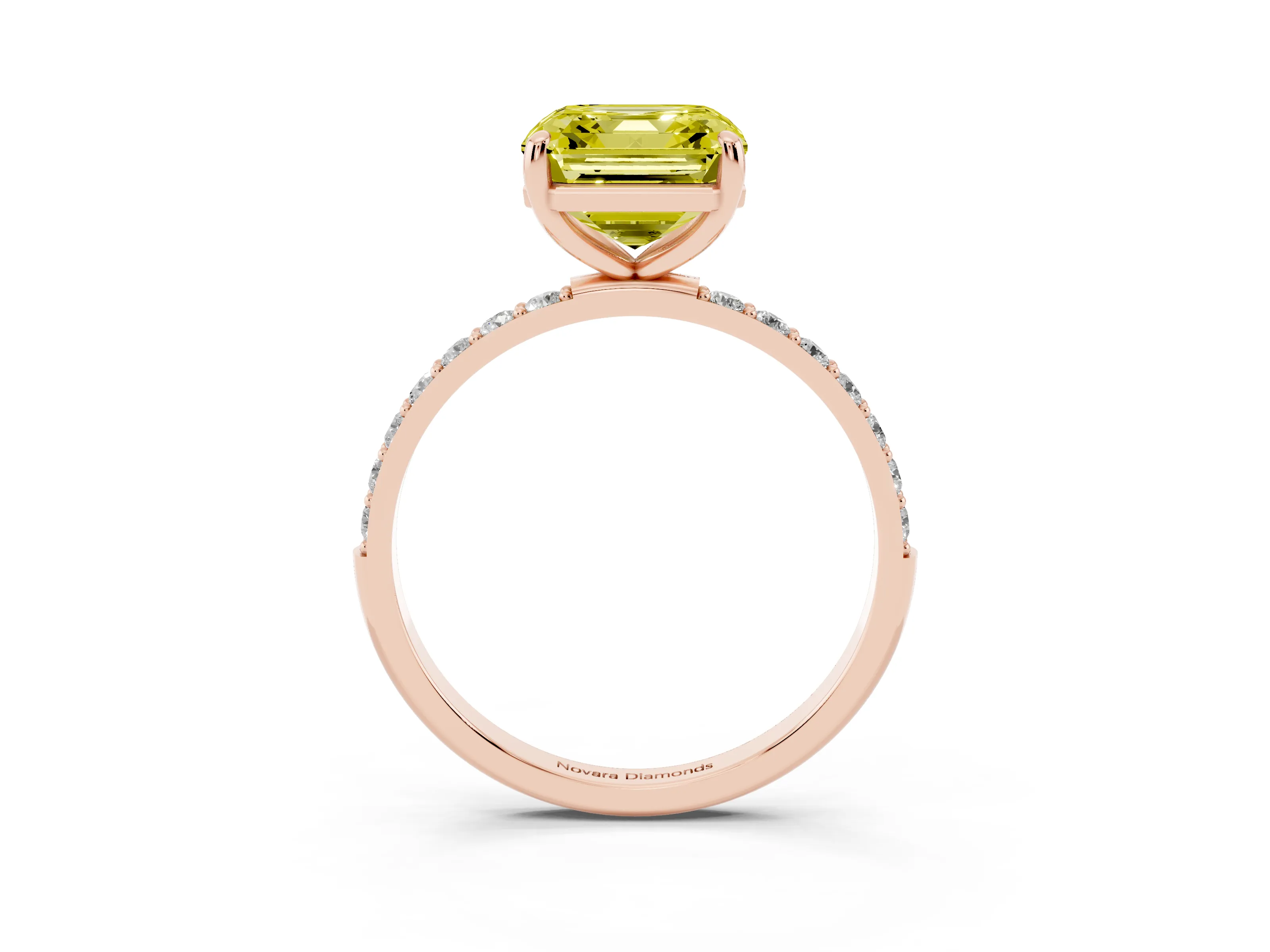 Fancy Yellow Asscher Cut Diamond Solitaire Ring Set in Rose gold with Round Pavé Band and Prong Setting