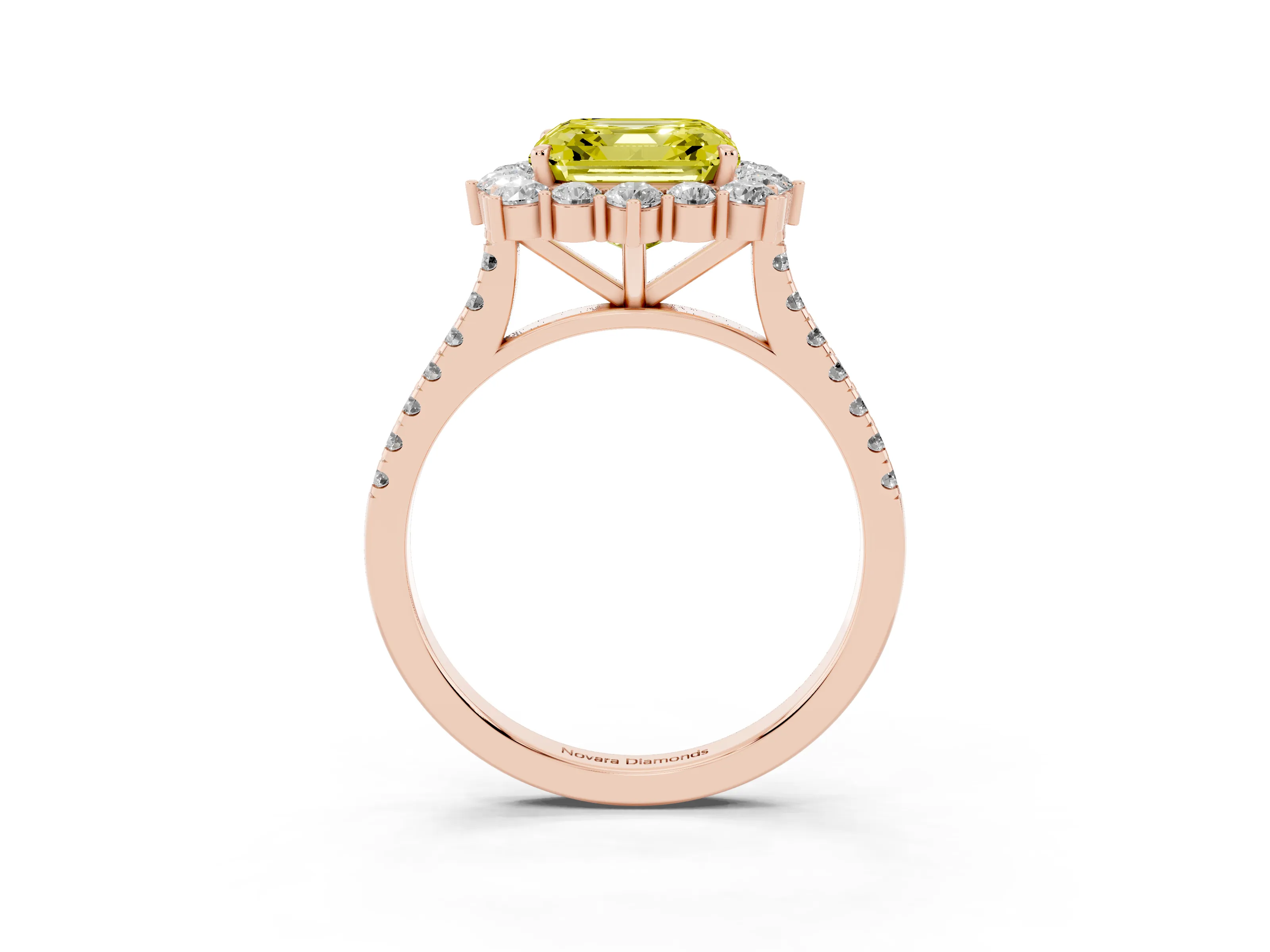 Fancy Yellow Asscher Cut Diamond Halo Ring Set in Rose gold with Pavé Band and Prong Setting