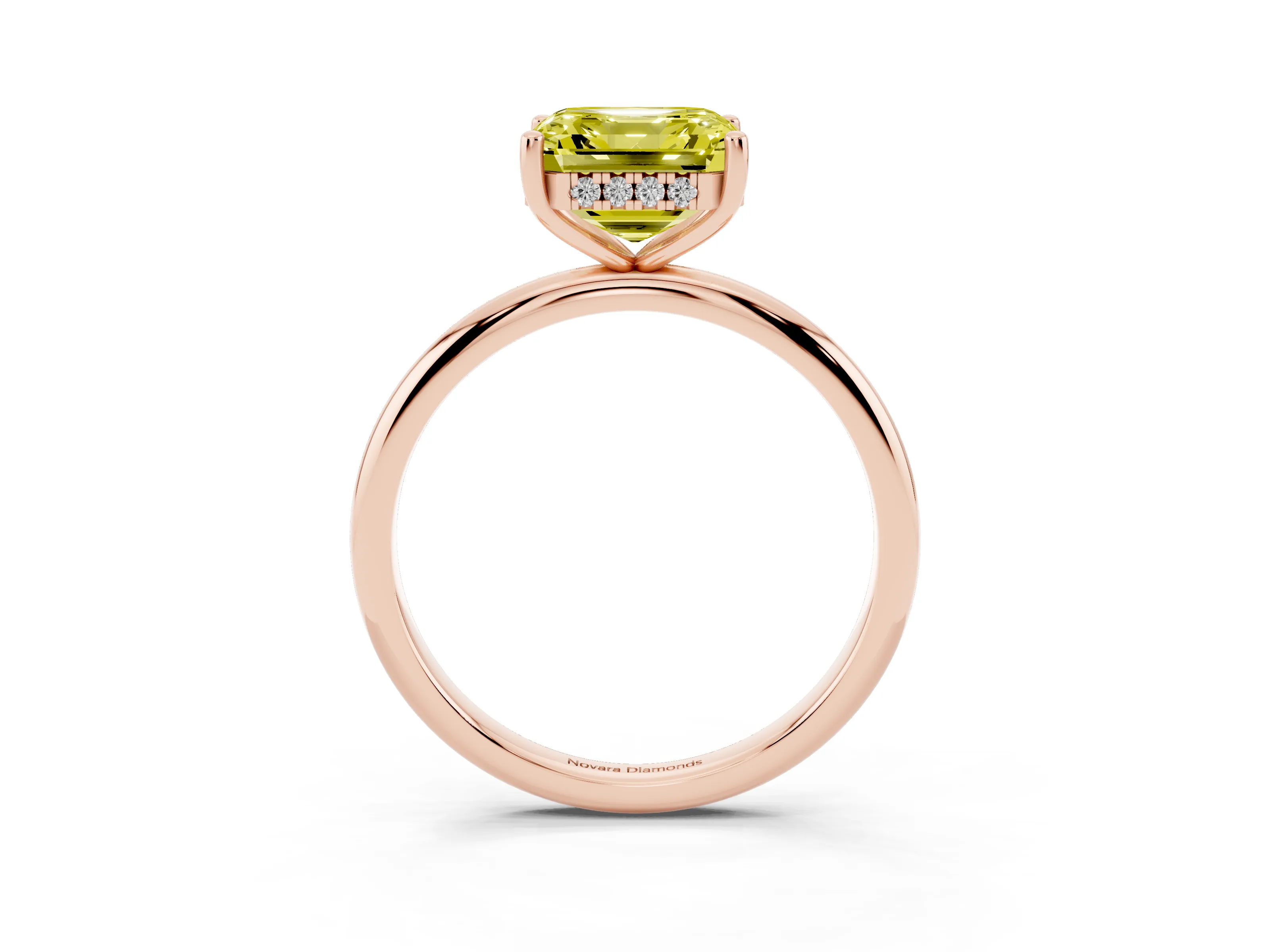 Fancy Yellow Asscher Cut Diamond Solitaire Engagement Ring Set in Rose gold with Prong Setting and Polished Band