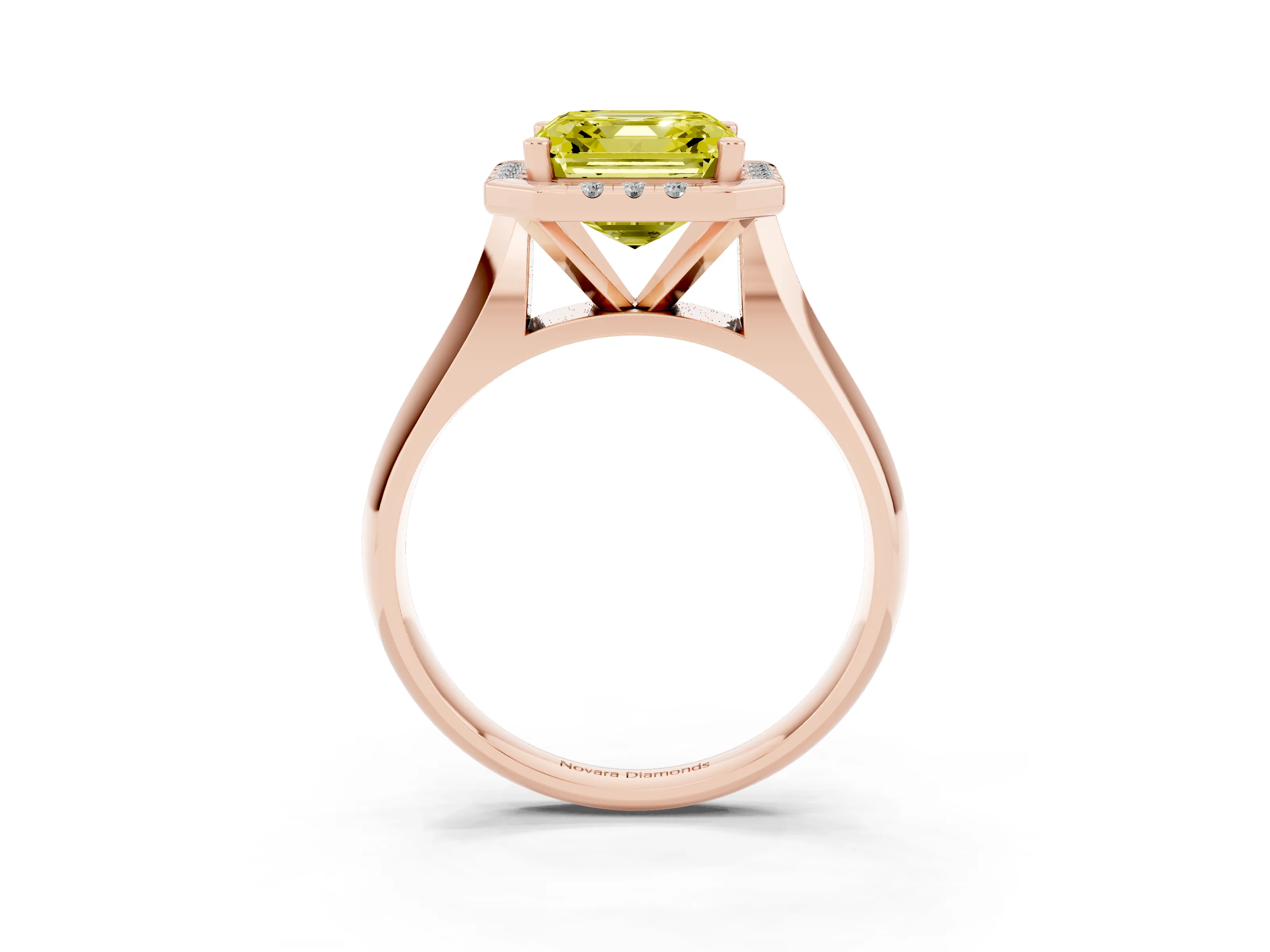 Fancy Yellow Asscher Cut Diamond Halo Solitaire Engagement Ring Set in Rose gold with Square Band and Prong Setting