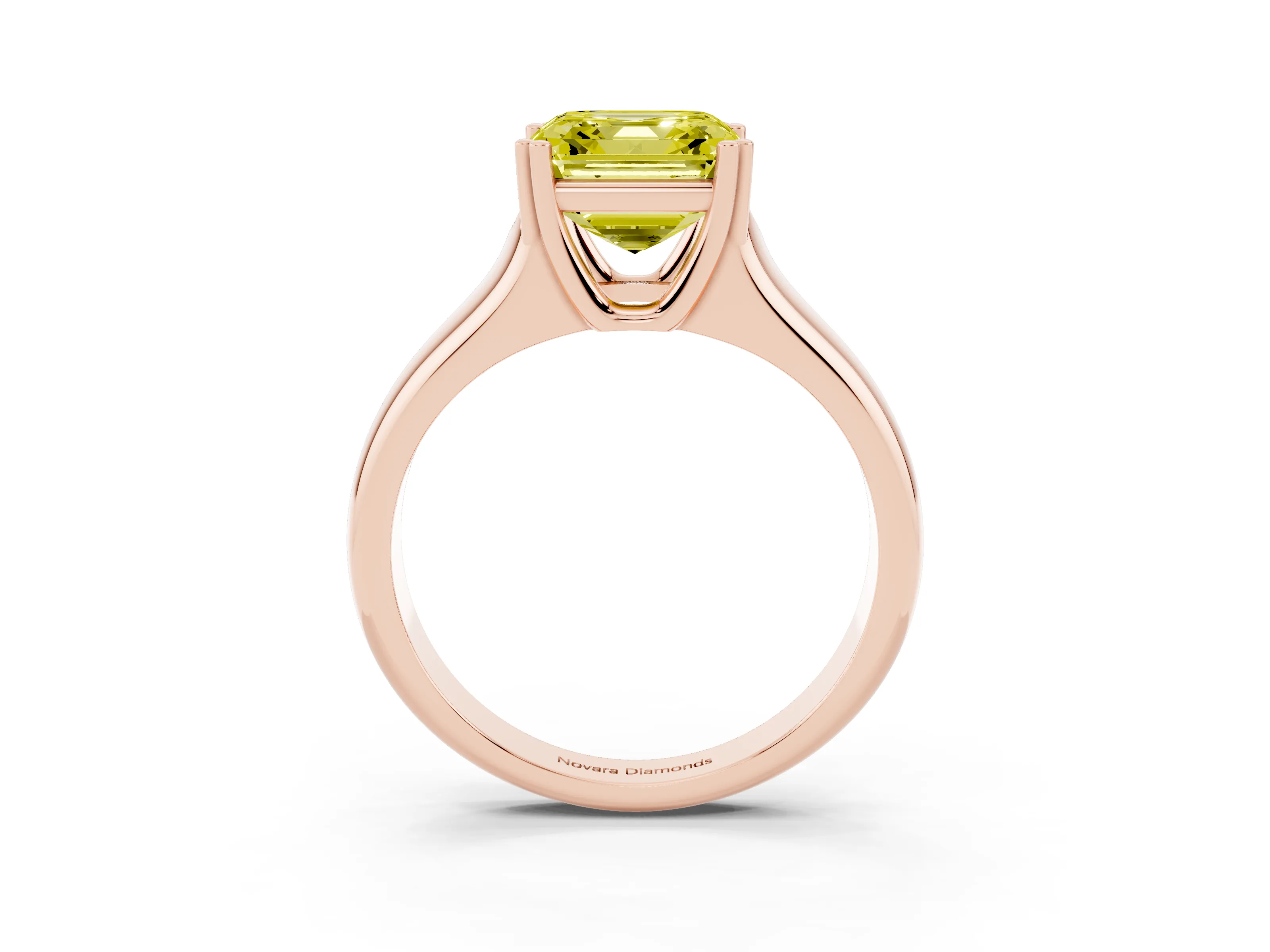 Fancy Yellow Asscher Cut Diamond Solitaire Ring Set in Rose gold with Wide Band and Prong Setting