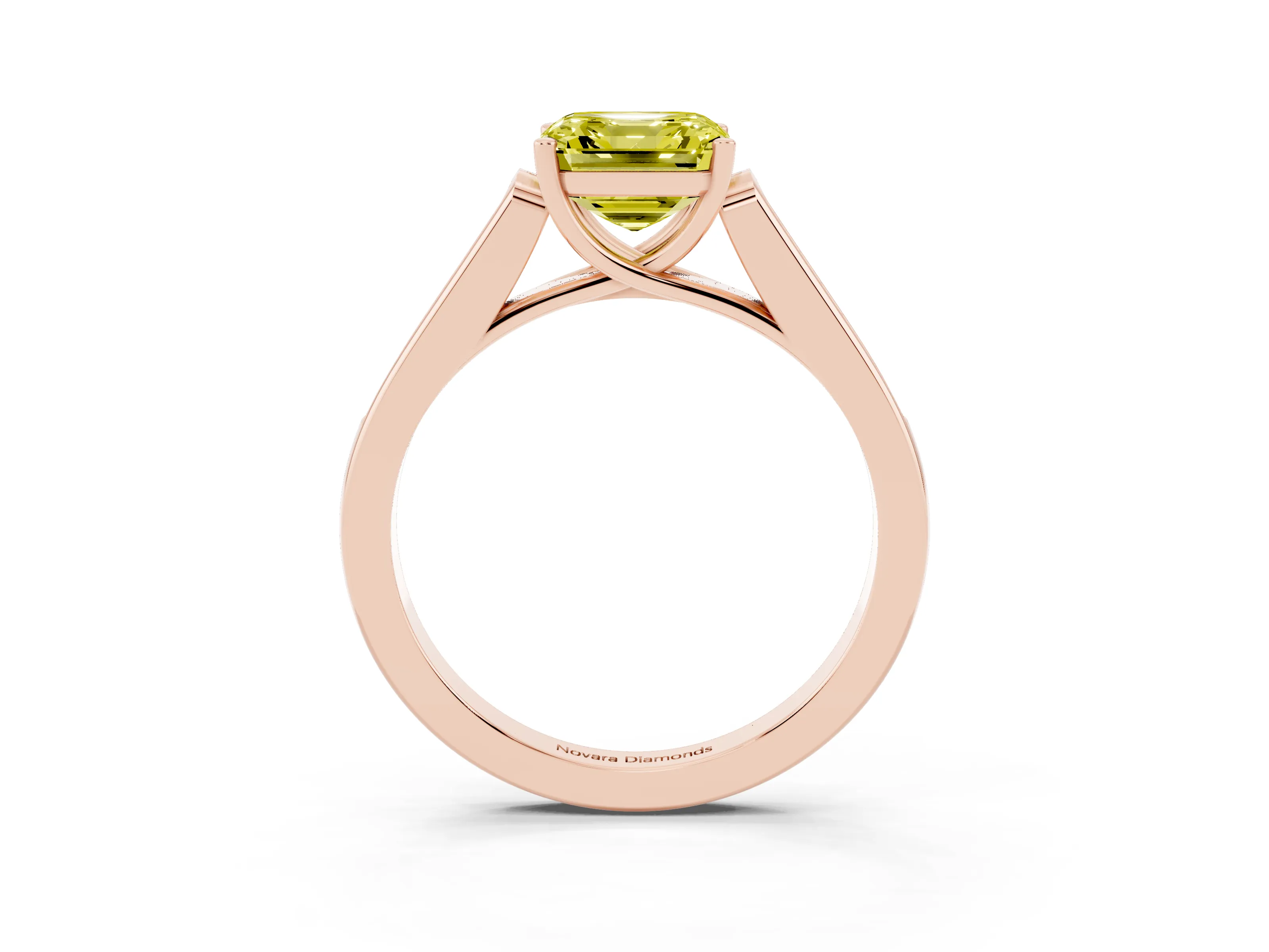 Fancy Yellow Asscher Cut Diamond Solitaire Cathedral Engagement Ring Set in Rose gold with Channel-Set Band and Prong Setting
