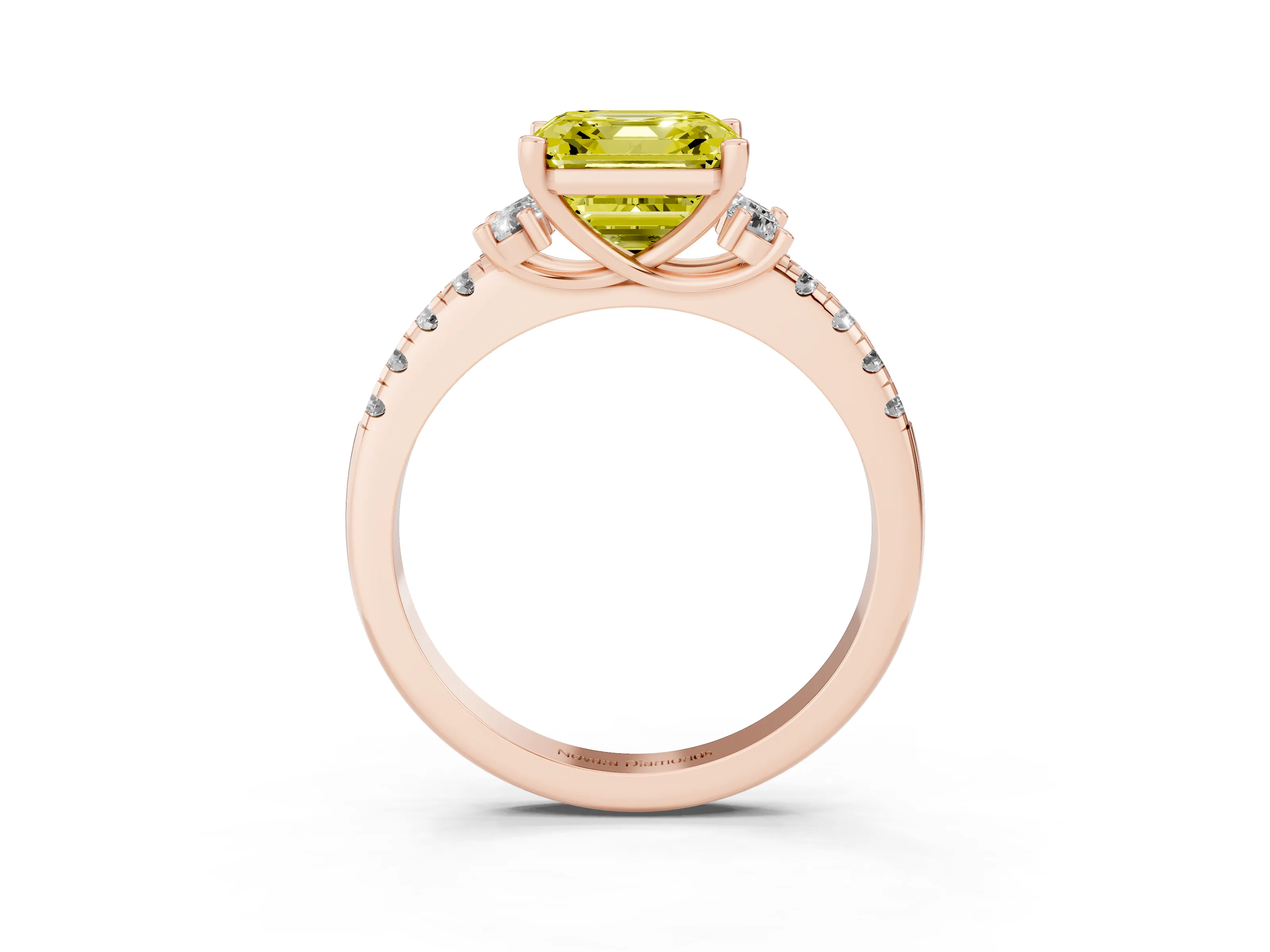 Fancy Yellow Asscher Cut Diamond Three-Stone Pavé Ring Set in Rose gold with Prong Setting