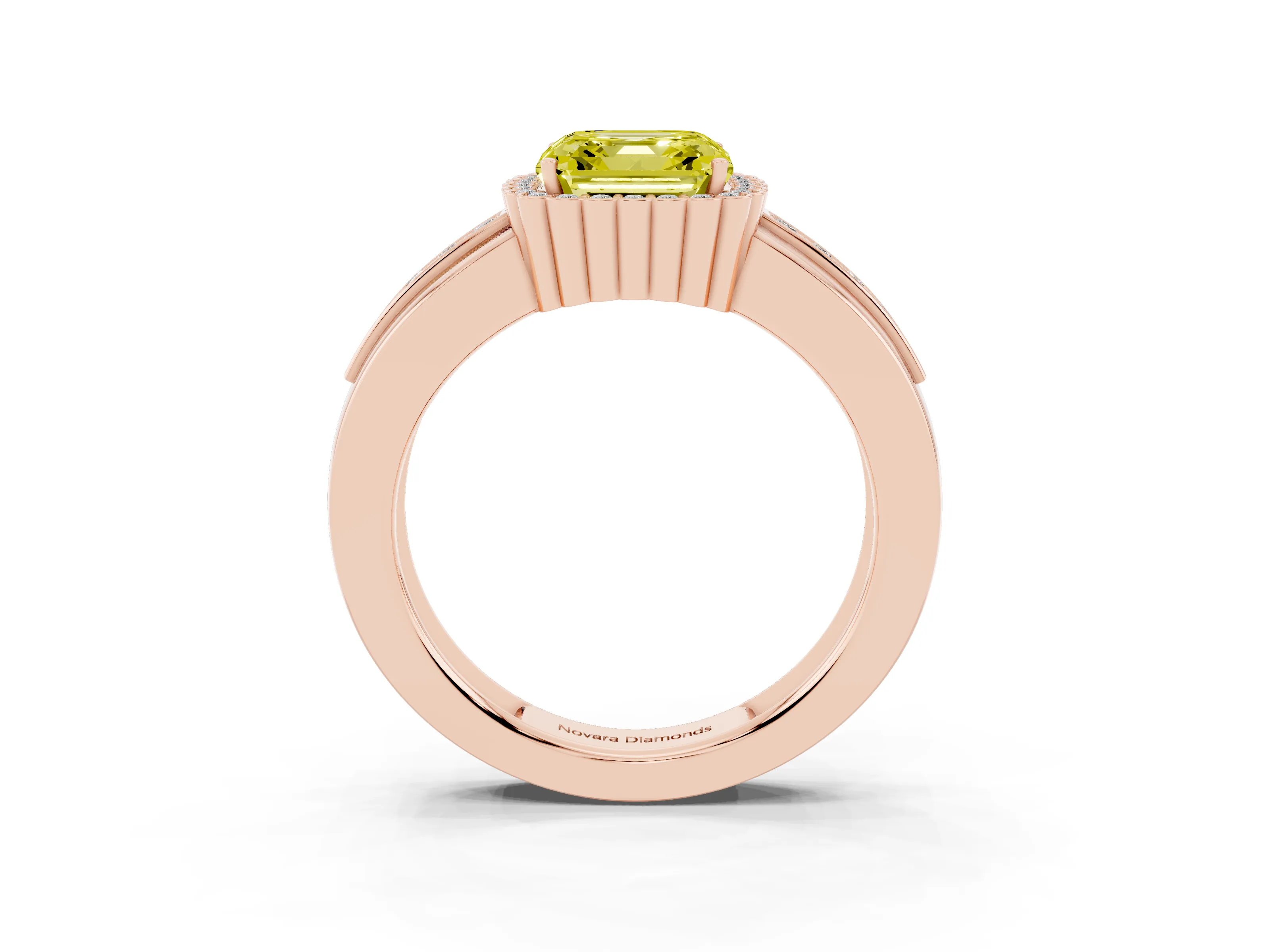 Fancy Yellow Asscher Cut Diamond Halo Prong Ring Set in Rose gold with Pavé Band