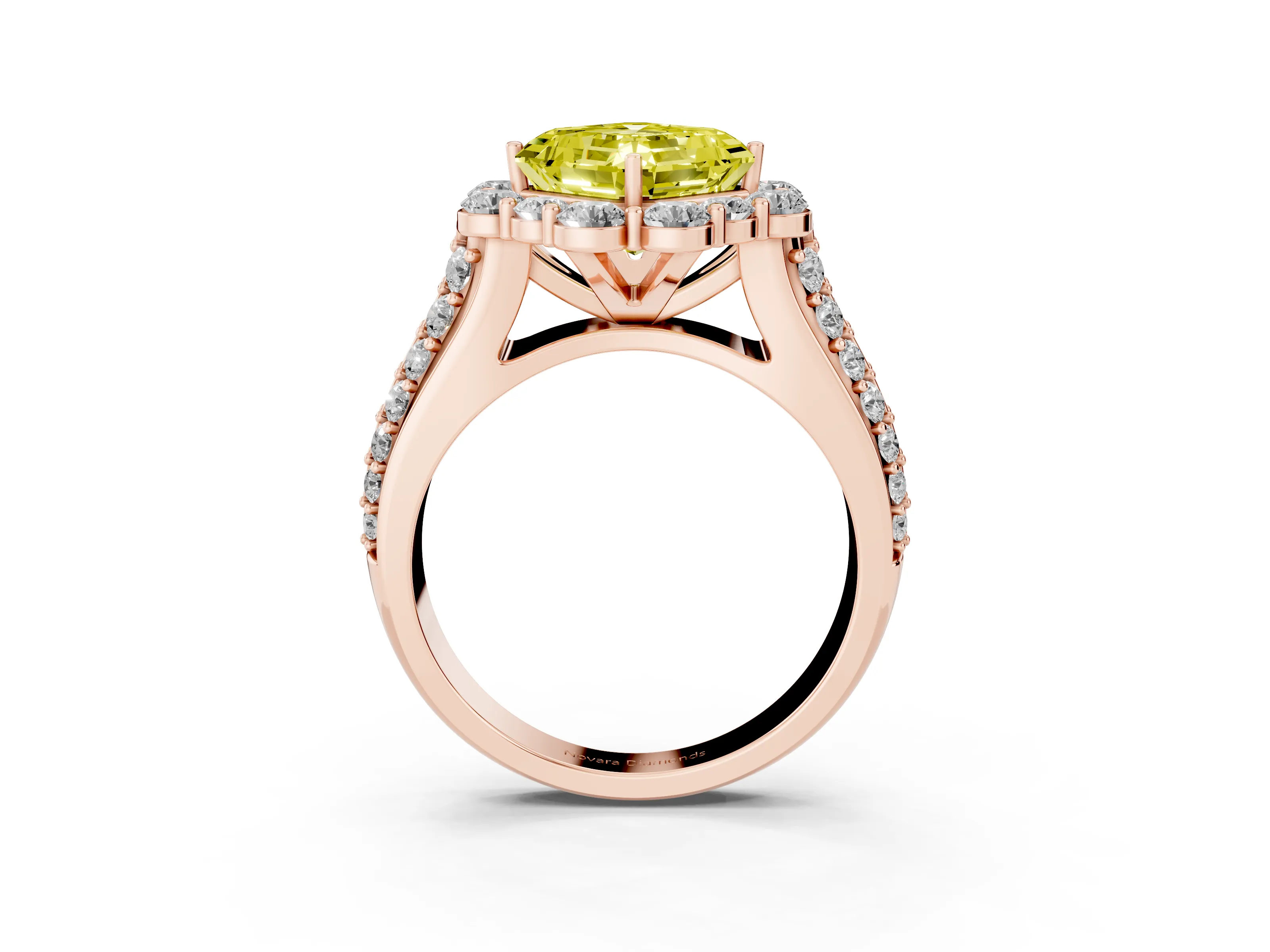 Fancy Yellow Asscher Cut Diamond Halo Engagement Ring Set in Rose gold with Split Shank and Prong Setting