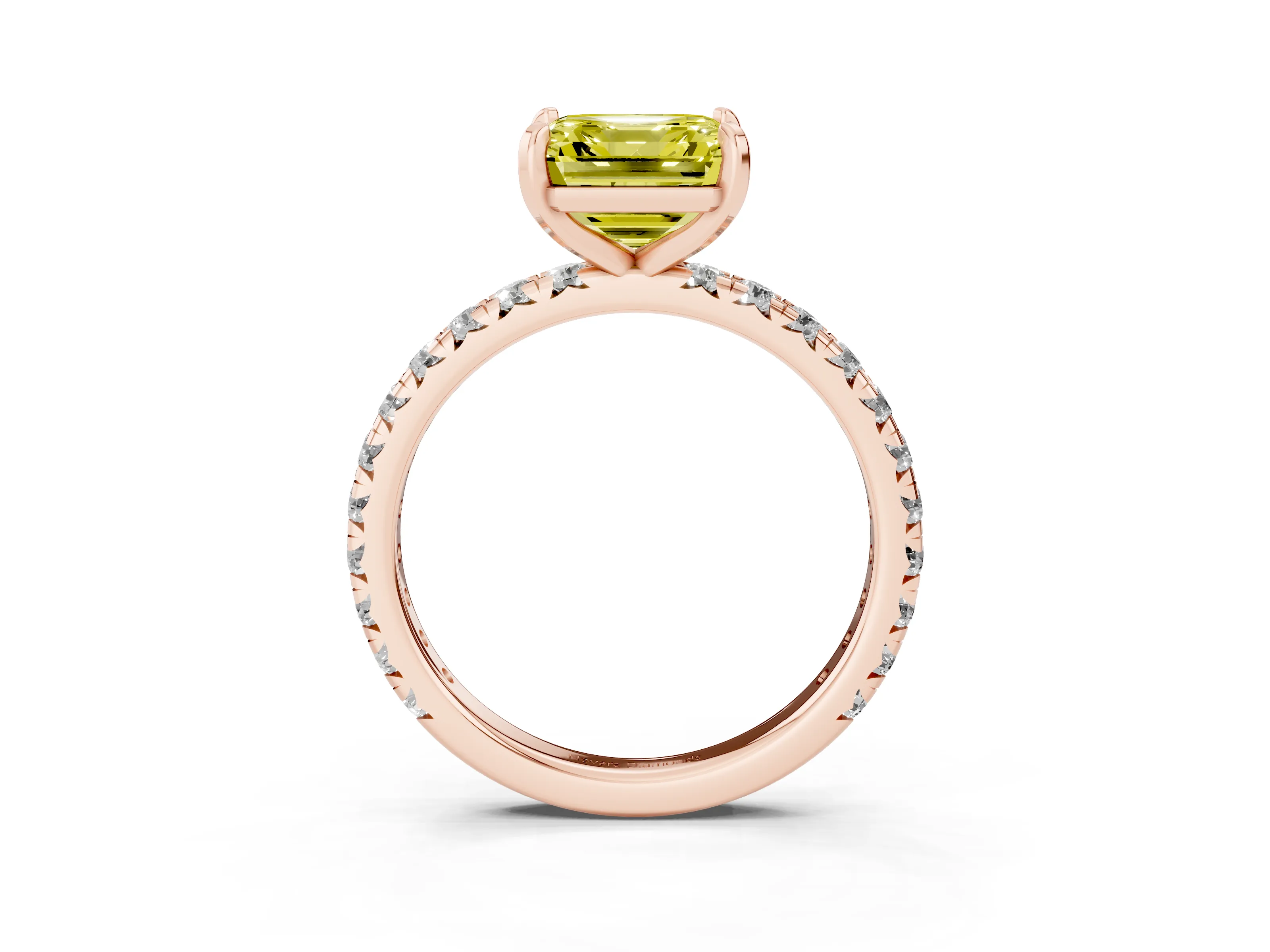 Fancy Yellow Asscher Cut Diamond Pavé Solitaire Ring Set in Rose gold with Round Band and Prong Setting