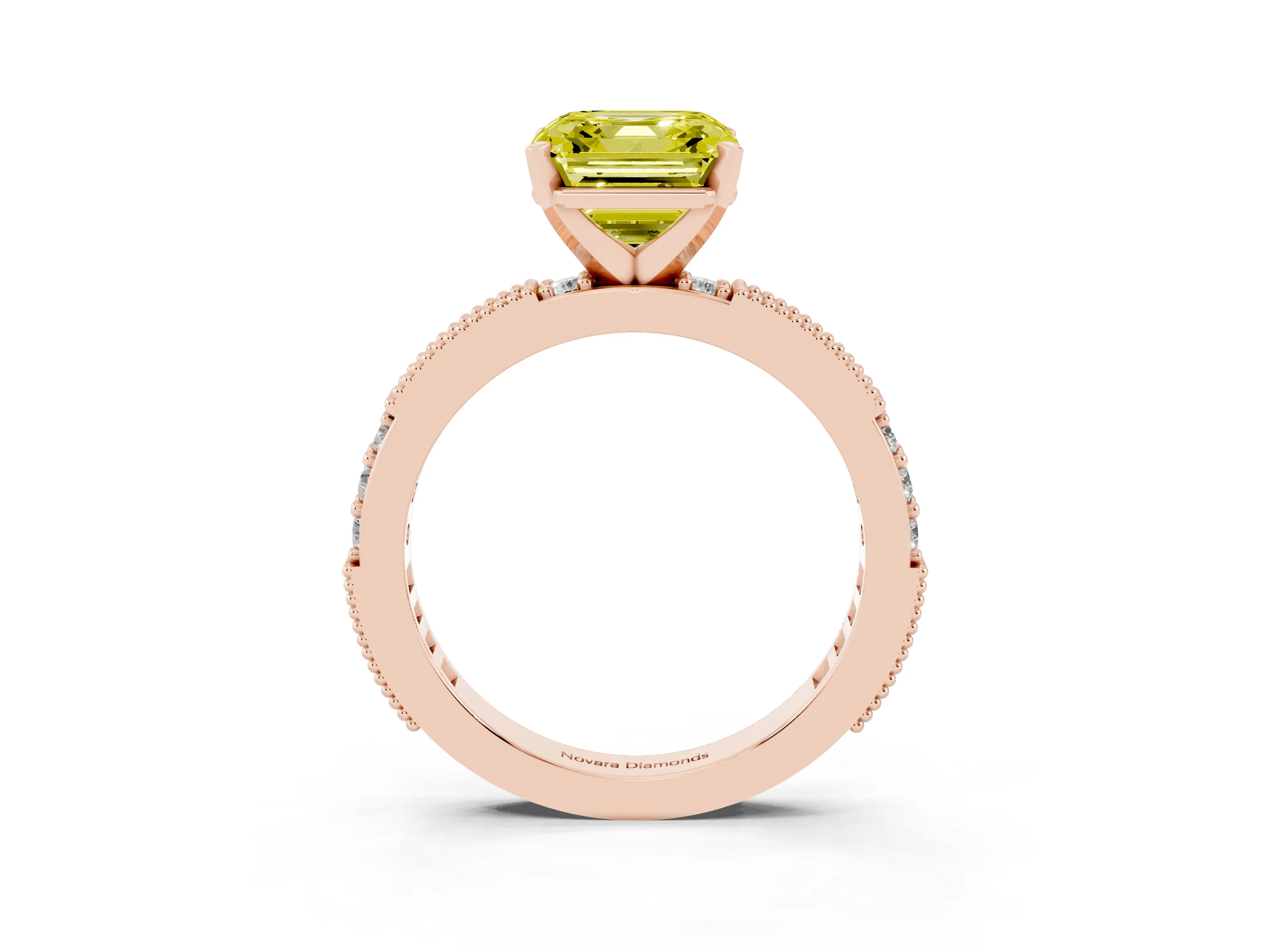 Fancy Yellow Asscher Cut Diamond Solitaire Ring Set in Rose gold with Slim Pavé Band and Prong Setting
