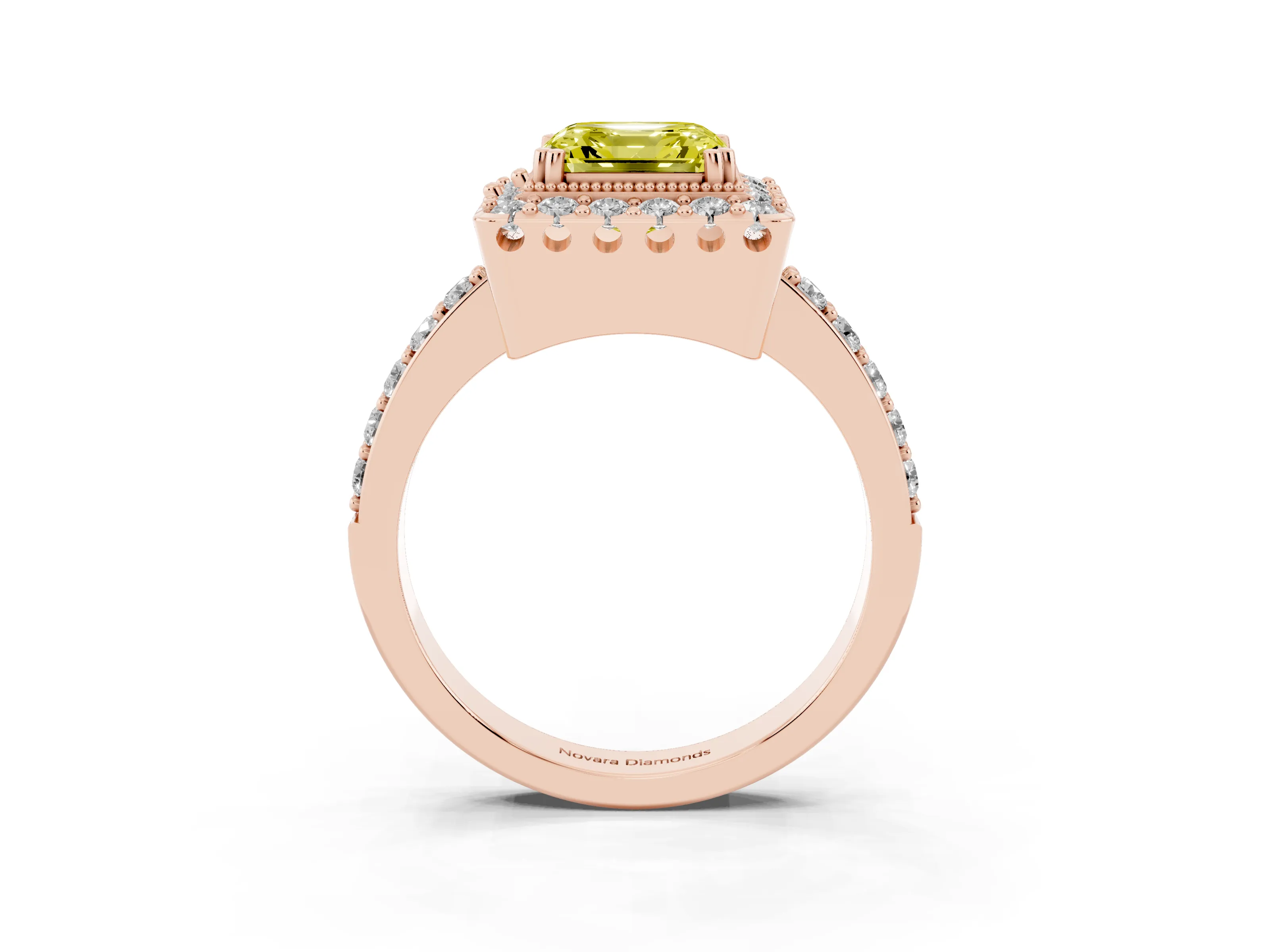 Fancy Yellow Asscher Cut Diamond Halo Ring Set in Rose gold with Pavé Shank and Prong Setting