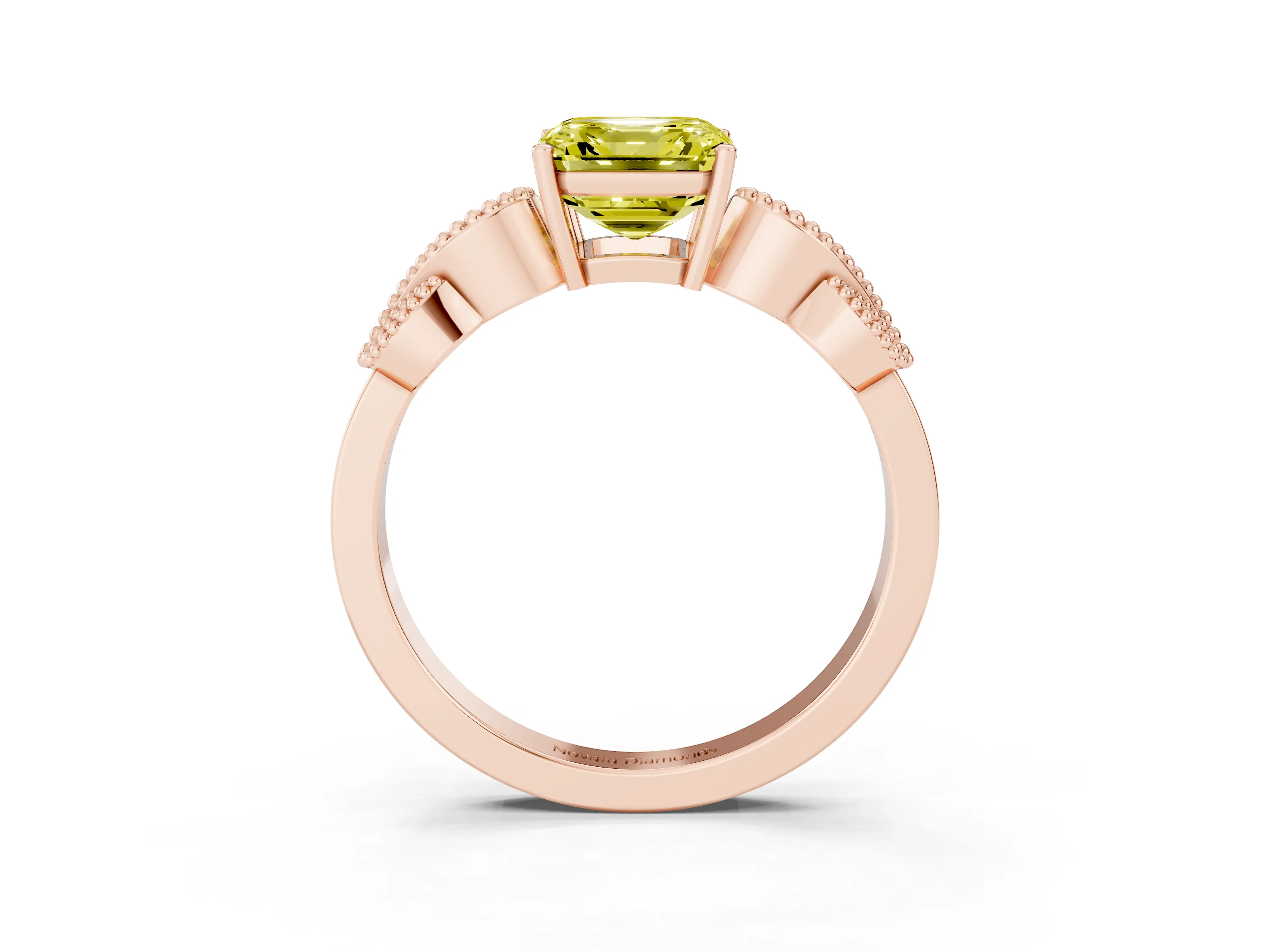 Fancy Yellow Asscher Cut Diamond Milgrain Leaf Band Solitaire Ring Set in Rose gold with Accent Stones and Prong Setting