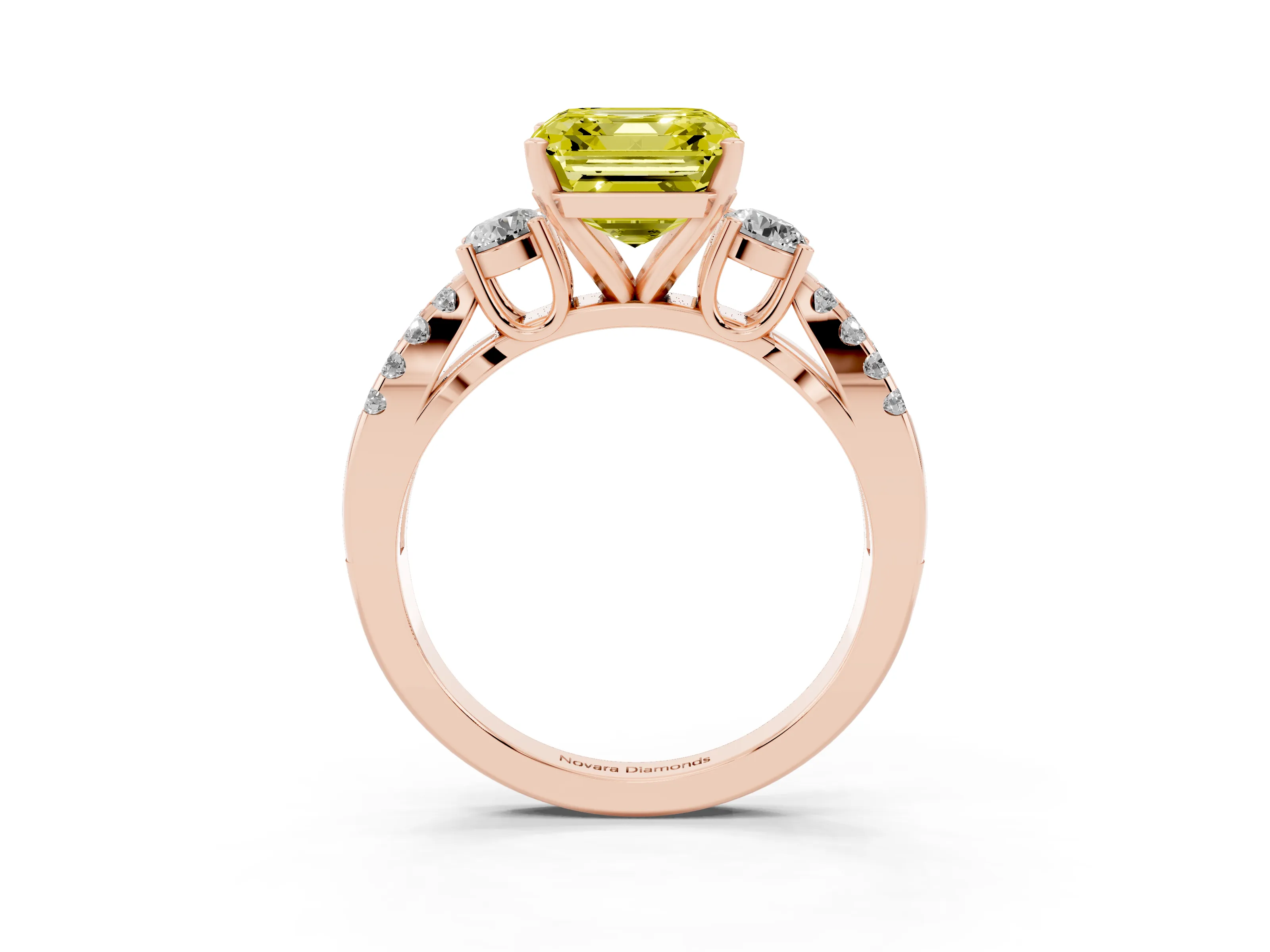 Fancy Yellow Asscher Cut Diamond Three-Stone Ring Set in Rose gold with Pavé Split Shank and Prong Setting