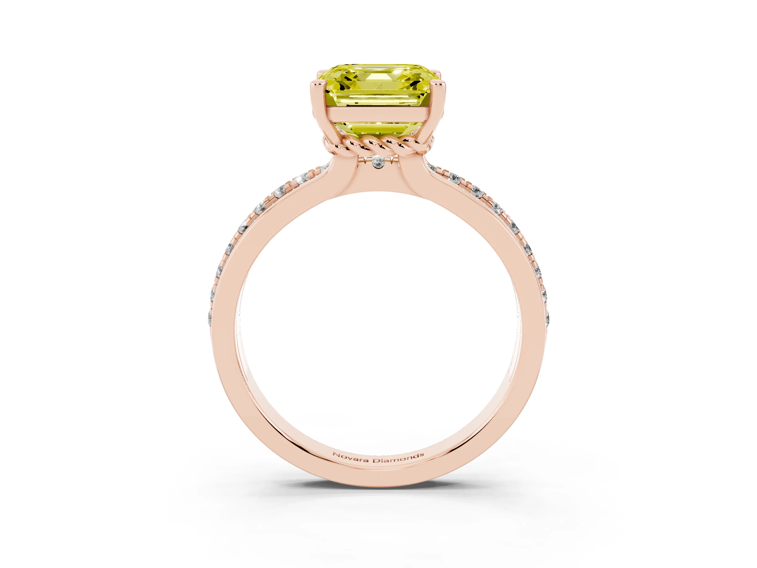 Fancy Yellow Asscher Cut Diamond Solitaire Ring Set in Rose gold with Channel Set Band and Prong Setting