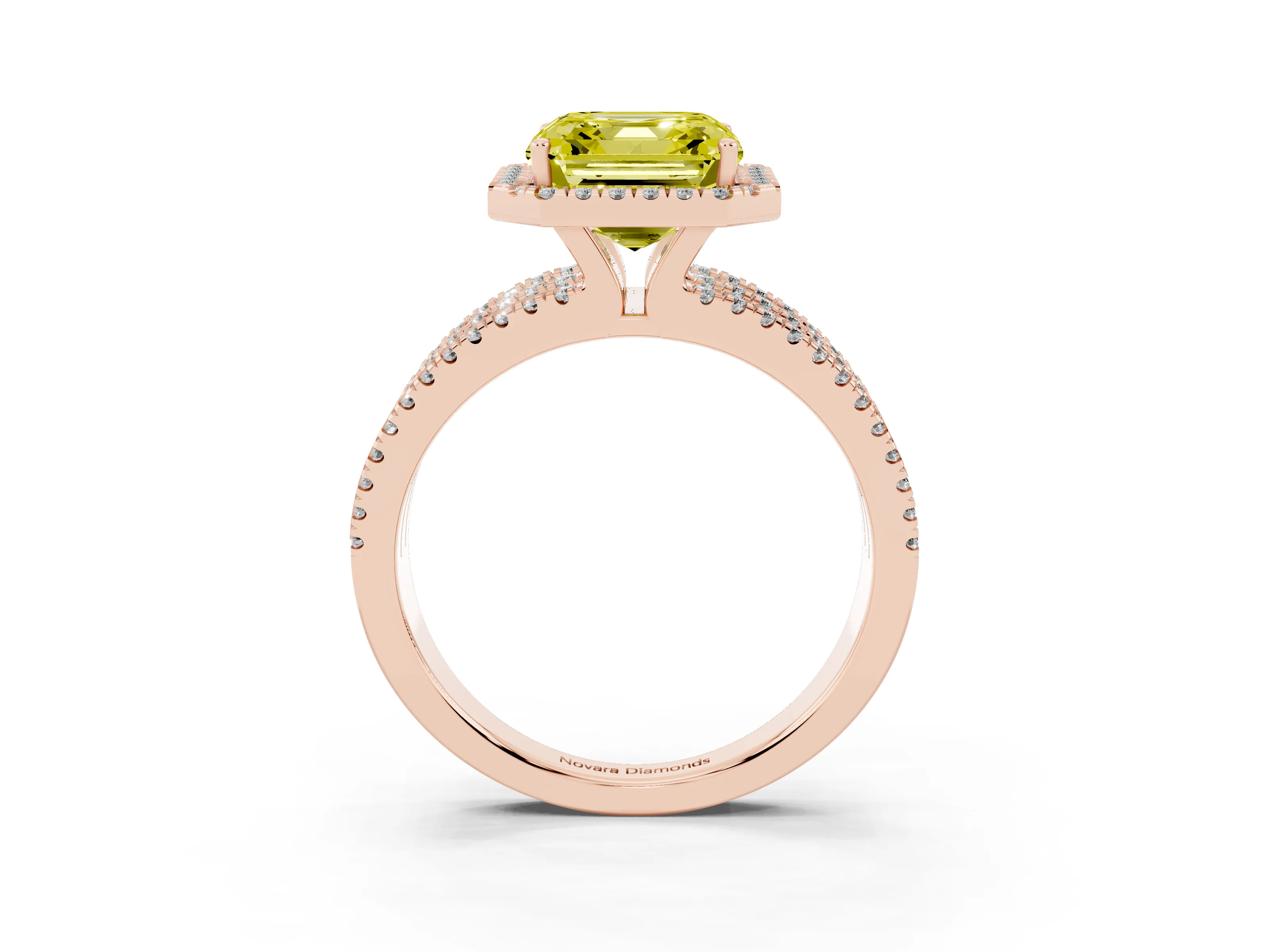 Fancy Yellow Asscher Cut Diamond Halo Split Shank Engagement Ring Set in Rose gold with Prong Setting