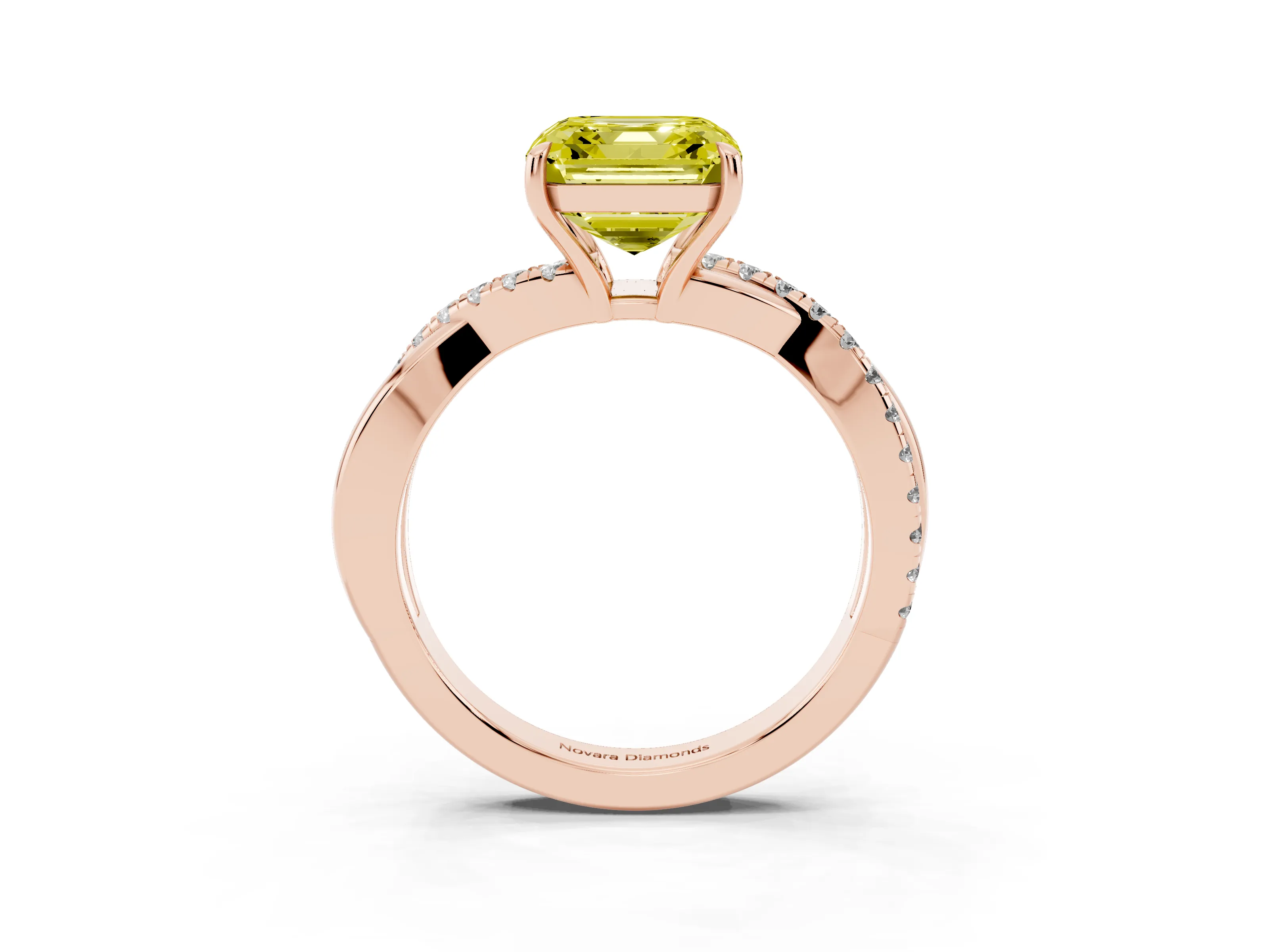 Fancy Yellow Asscher Cut Diamond Twisted Pavé Band Ring Set in Rose gold with Prong Setting