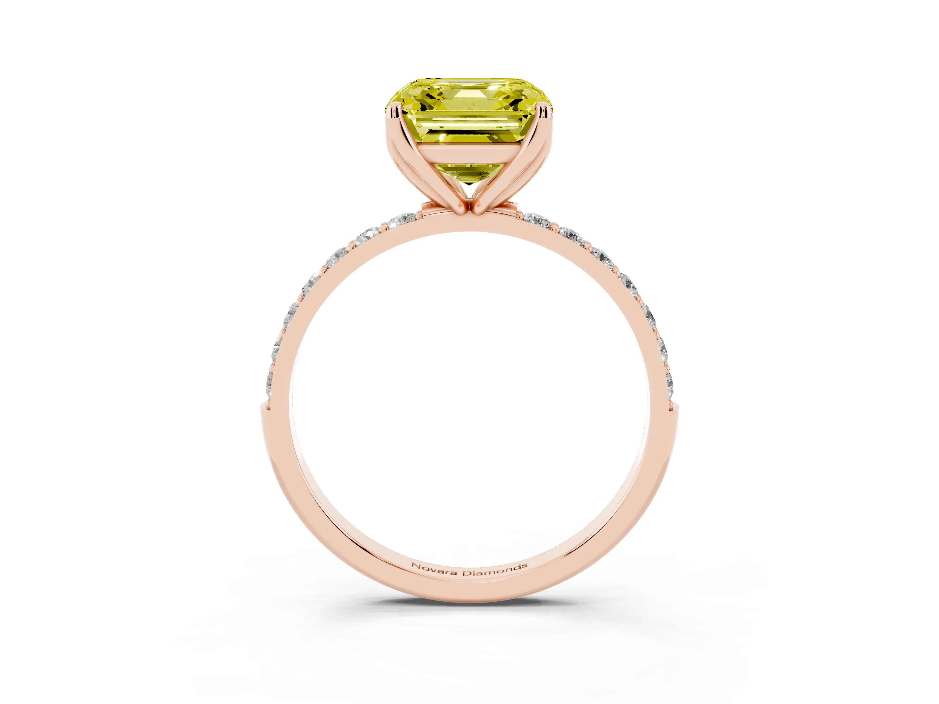 Fancy Yellow Asscher Cut Diamond Solitaire Engagement Ring Set in Rose gold with Round Pavé Band and Prong Setting