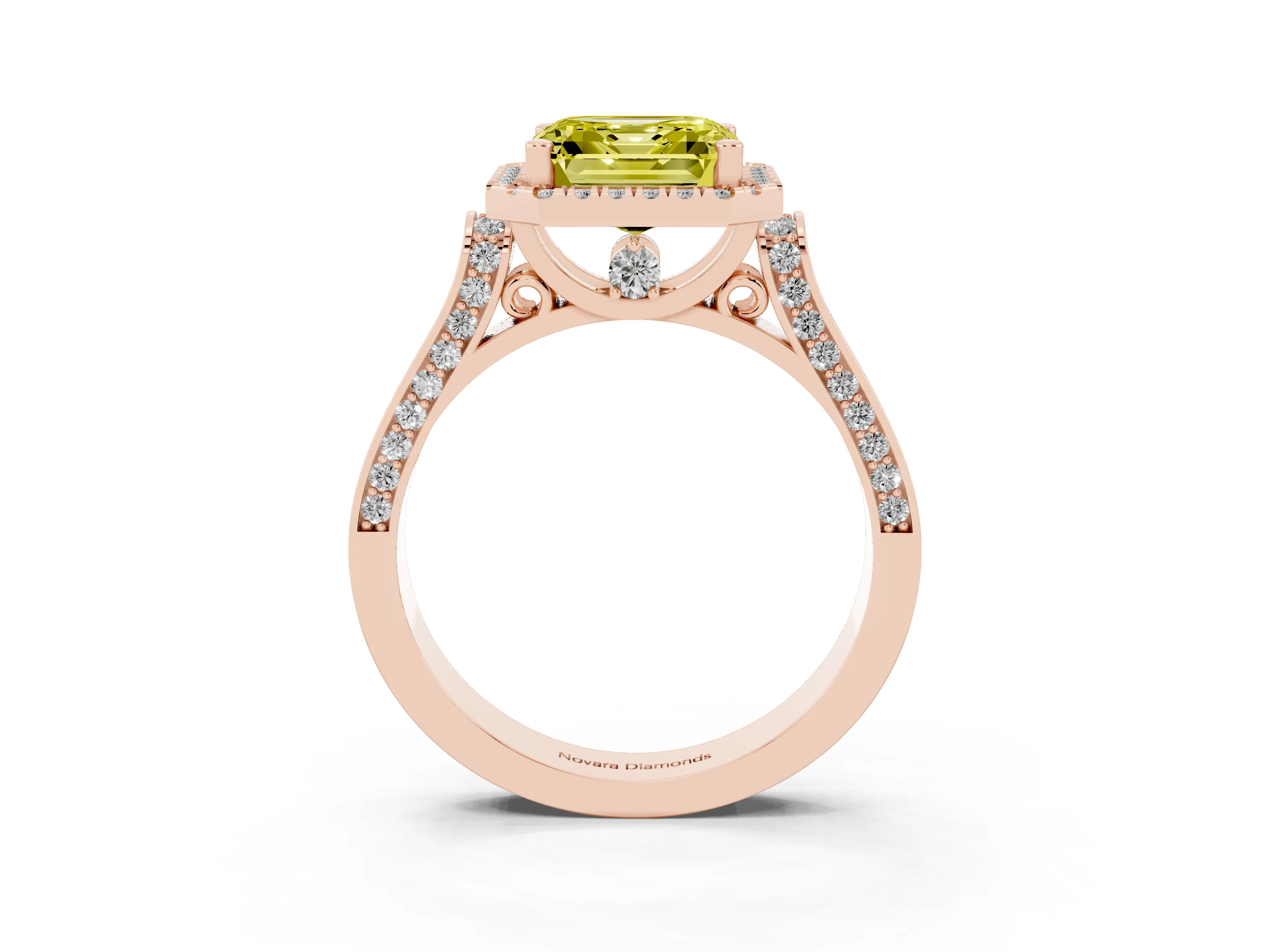 Fancy Yellow Asscher Cut Diamond Halo Ring Set in Rose gold with Pavé-Lined Split Shank Band