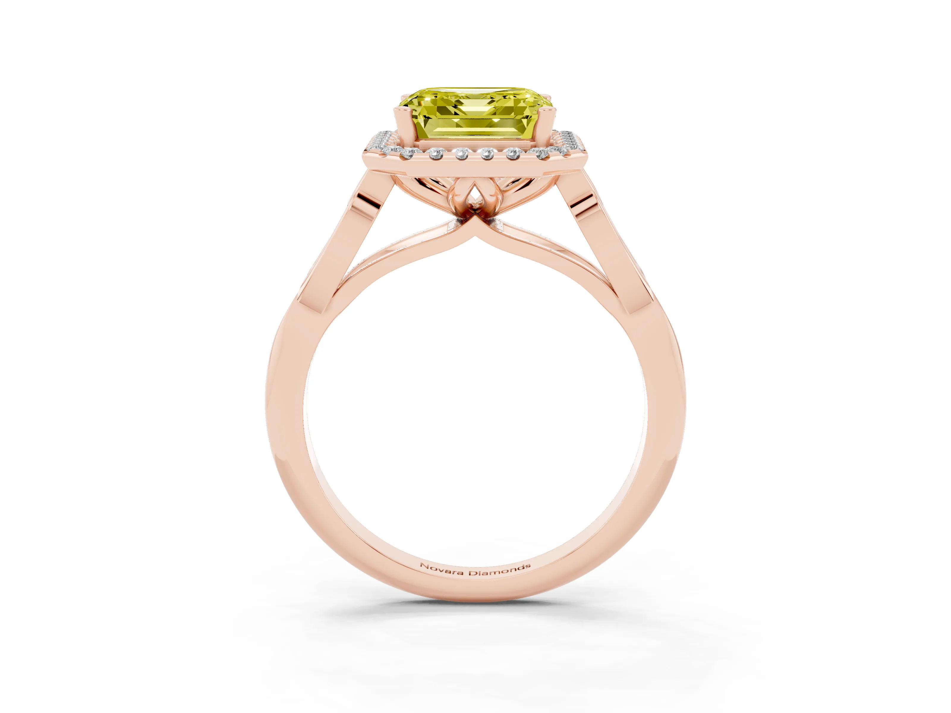 Fancy Yellow Asscher Cut Diamond Halo Engagement Ring Set in Rose gold with Filigree Band and Prong-Set Center