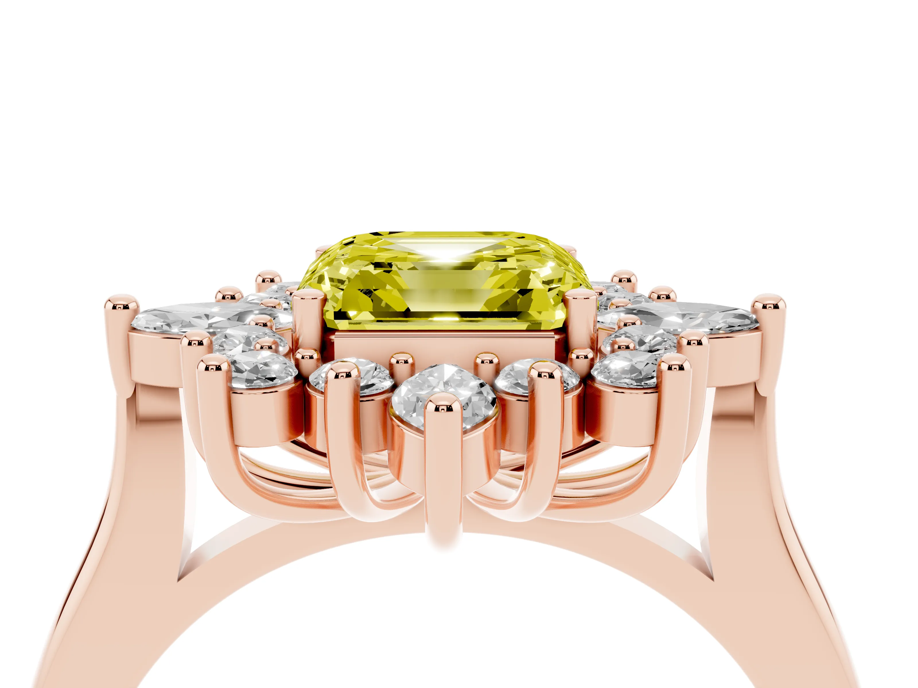 Fancy Yellow Asscher Cut Diamond Cluster Halo Ring Set in Rose gold with Marquise and Round Accents