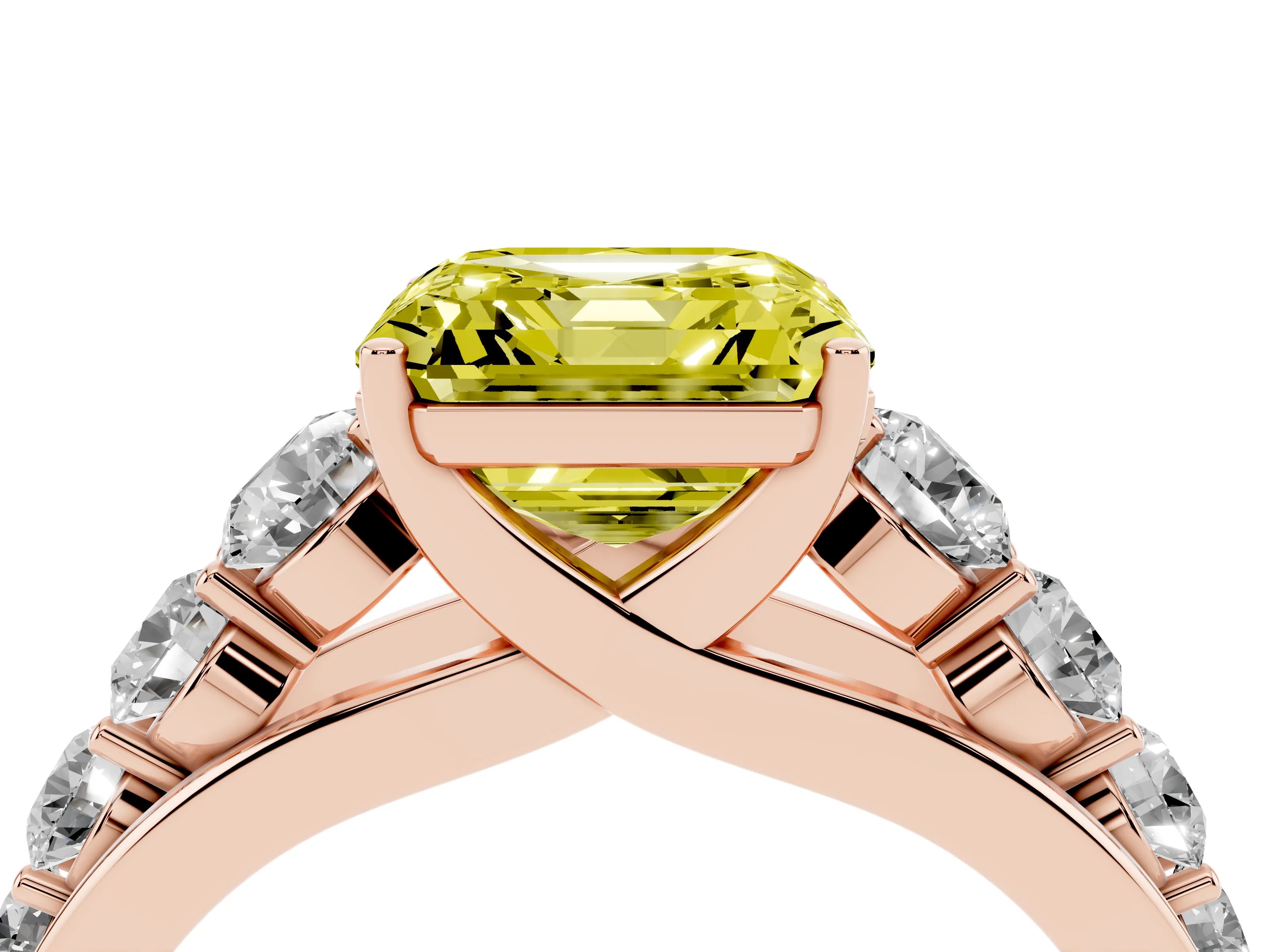 Fancy Yellow Asscher Cut Diamond Solitaire Ring Set in Rose gold with Pavé-Set Band and Prong Setting