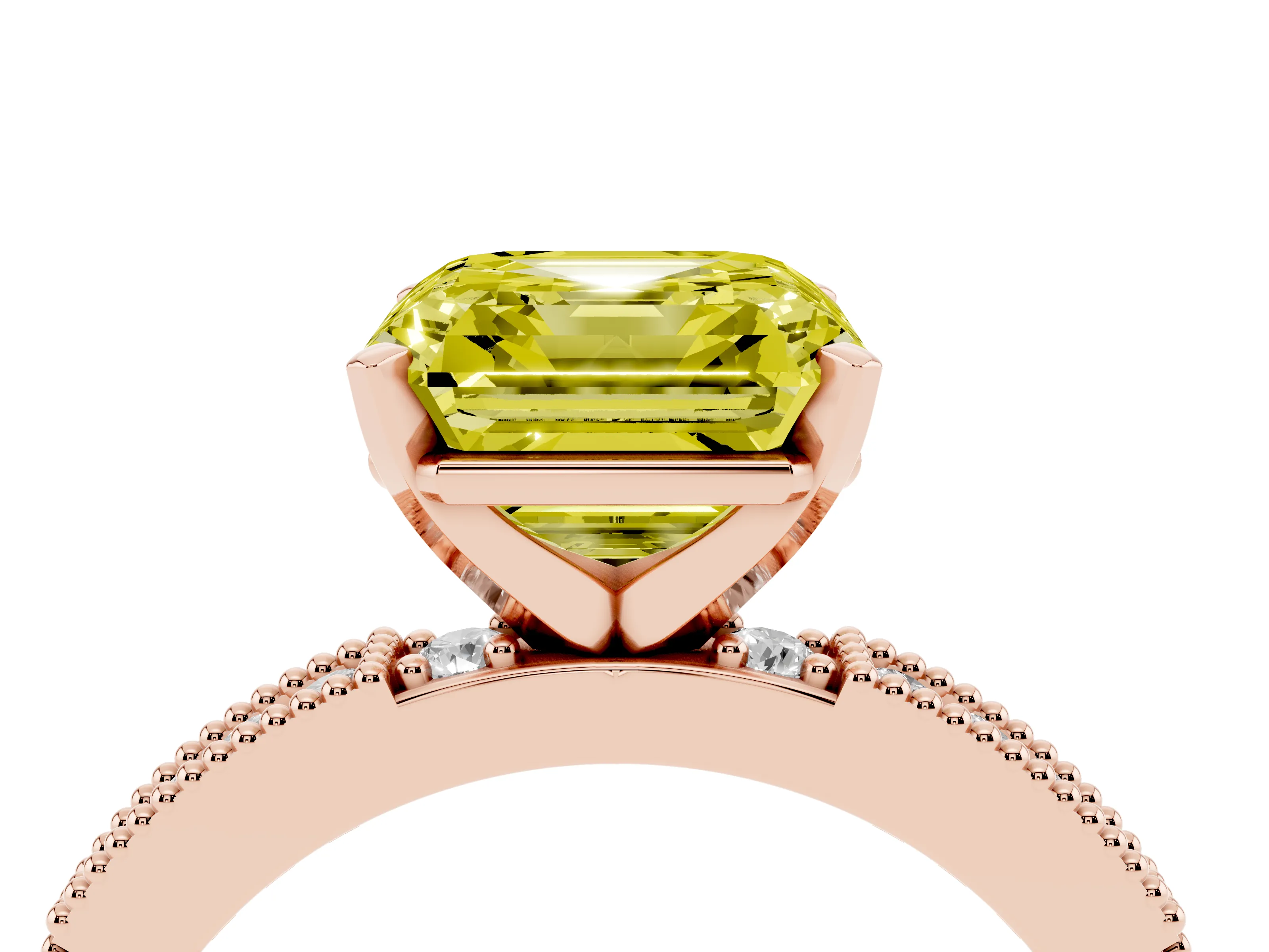 Fancy Yellow Asscher Cut Diamond Solitaire Ring Set in Rose gold with Slim Pavé Band and Prong Setting