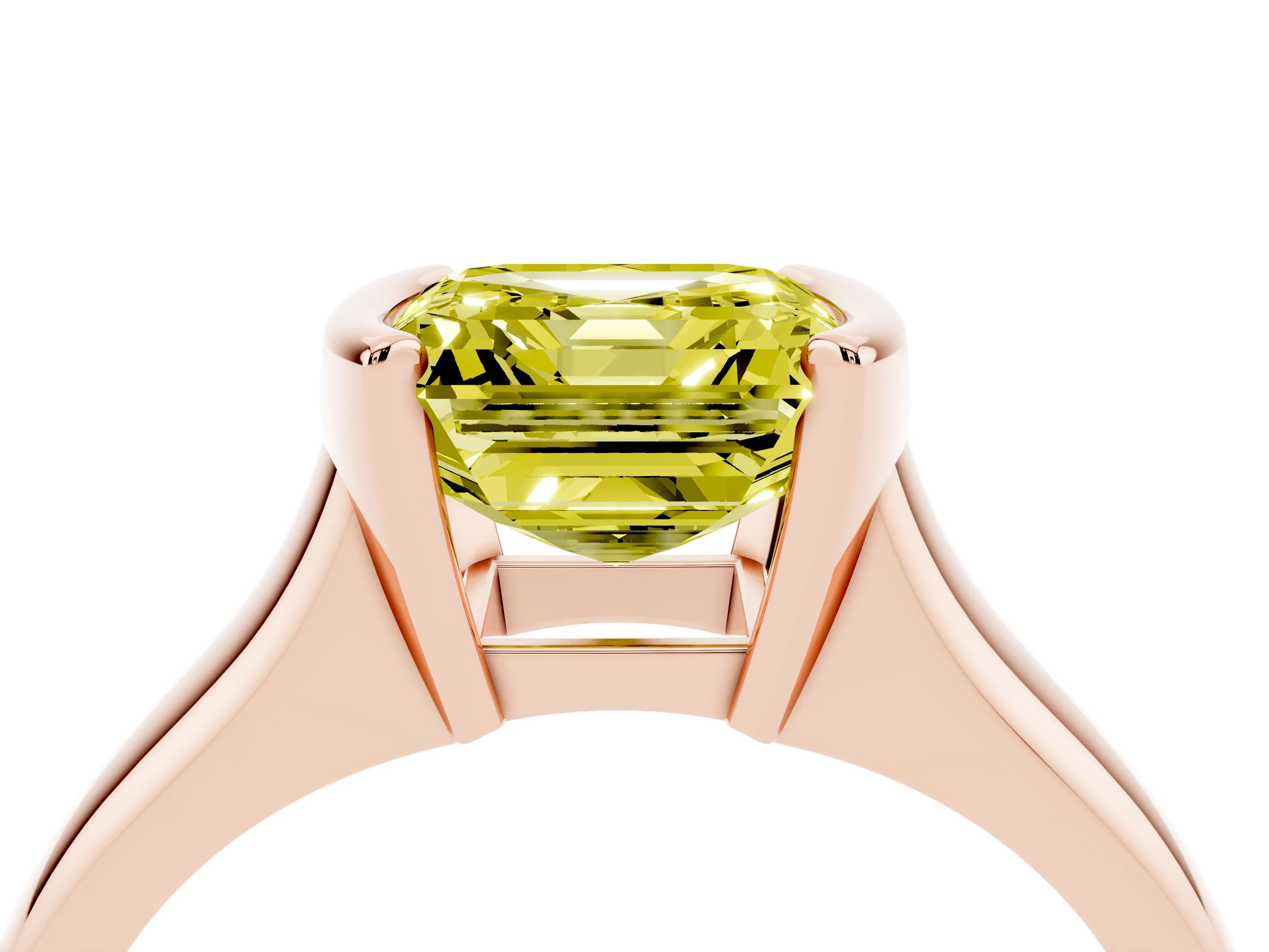 Fancy Yellow Asscher Cut Diamond Solitaire Tension Set Ring Set in Rose gold with Split Shank Band