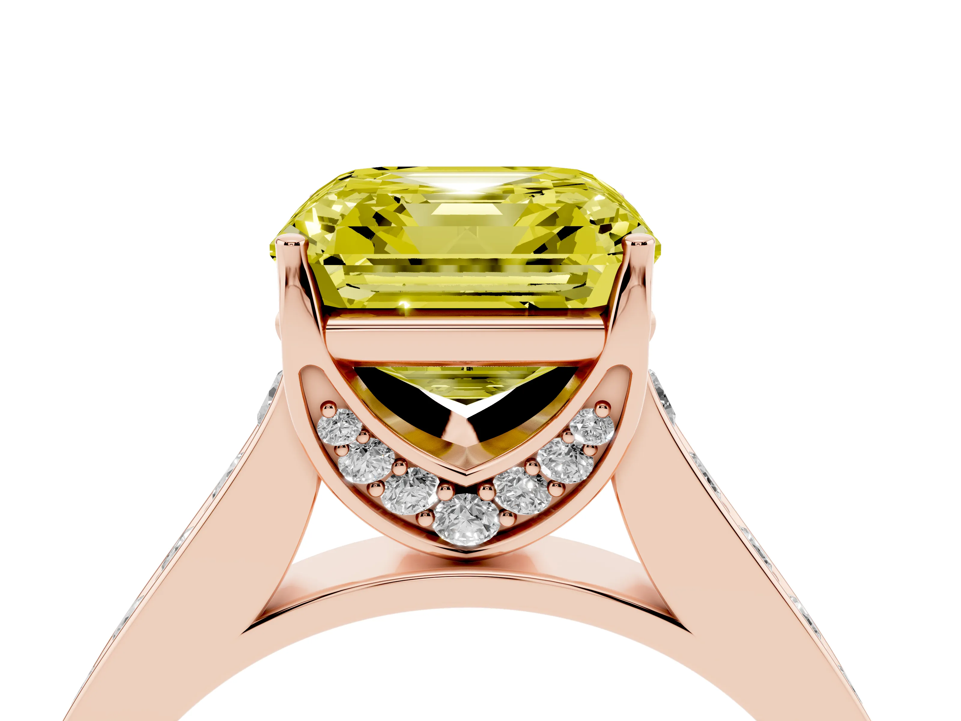 Fancy Yellow Asscher Cut Diamond Solitaire Pavé Engagement Ring Set in Rose gold with Prong Setting