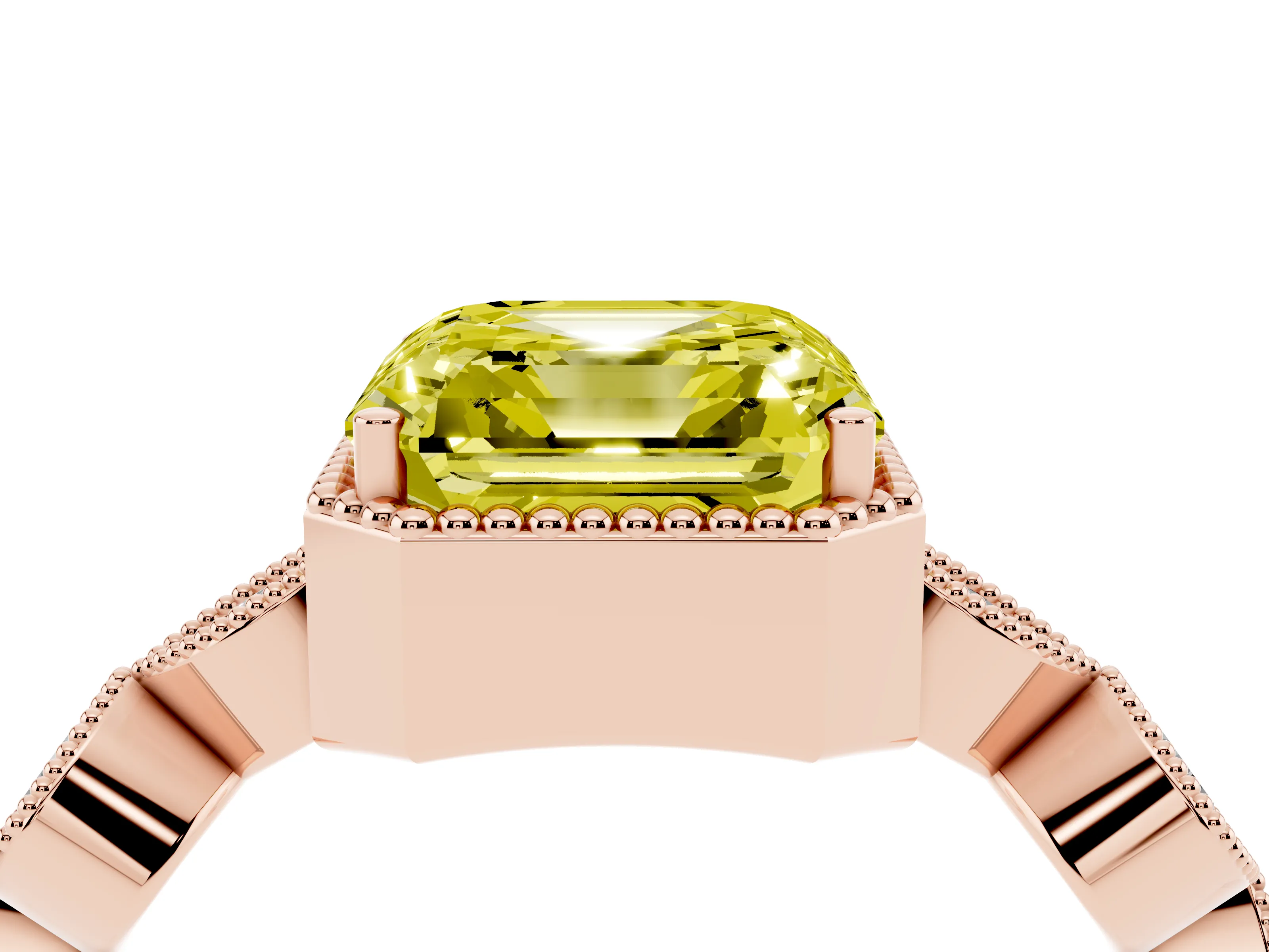 Fancy Yellow Asscher Cut Diamond Vintage-Inspired Milgrain Ring Set in Rose gold with Marquise Stations of Round Accents