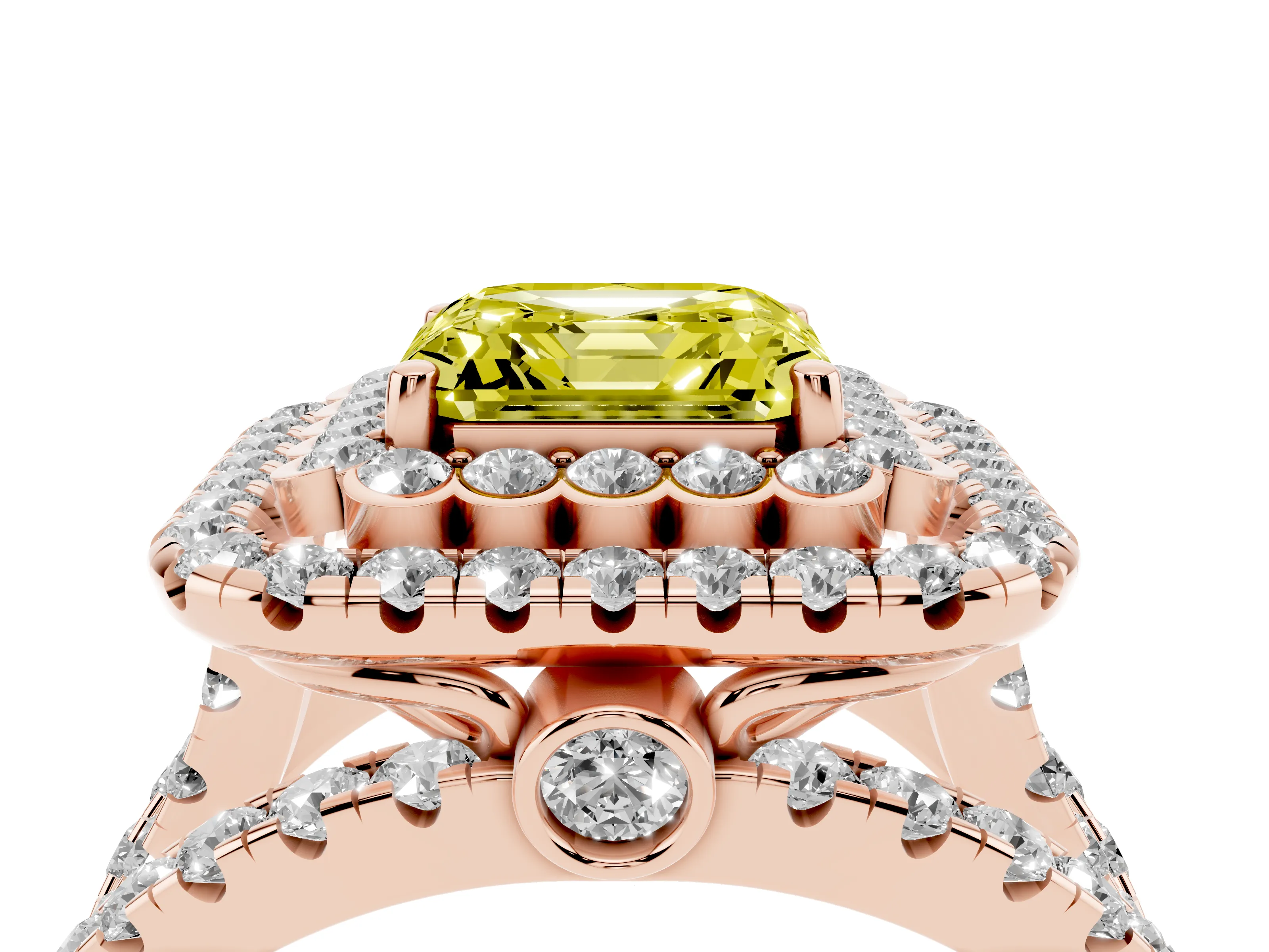 Fancy Yellow Asscher Cut Diamond Double Halo Ring Set in Rose gold with Round Pavé Split Shank