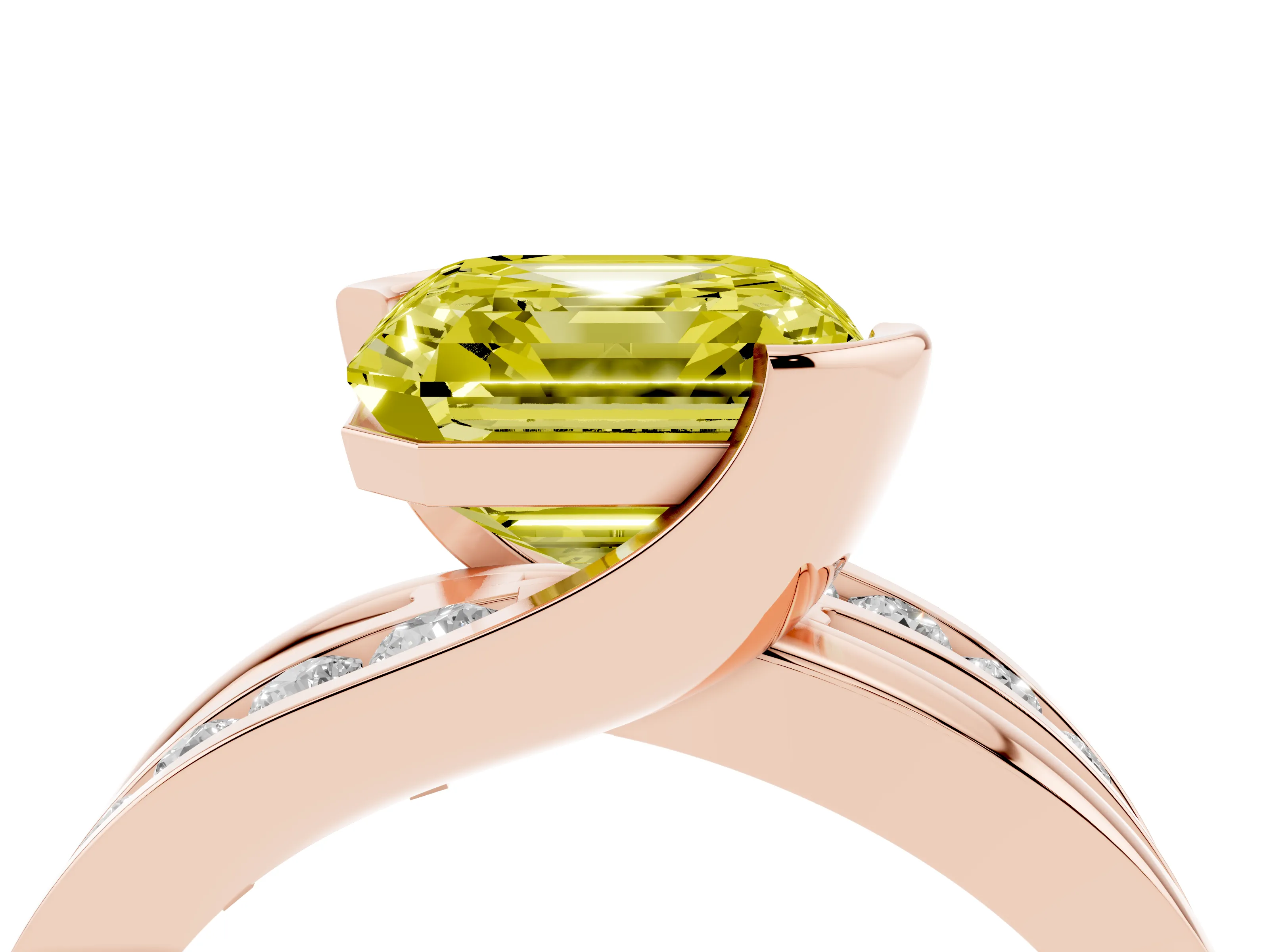 Fancy Yellow Asscher Cut Diamond Solitaire Ring Set in Rose gold with Channel Set Split Shank and Tension Prongs