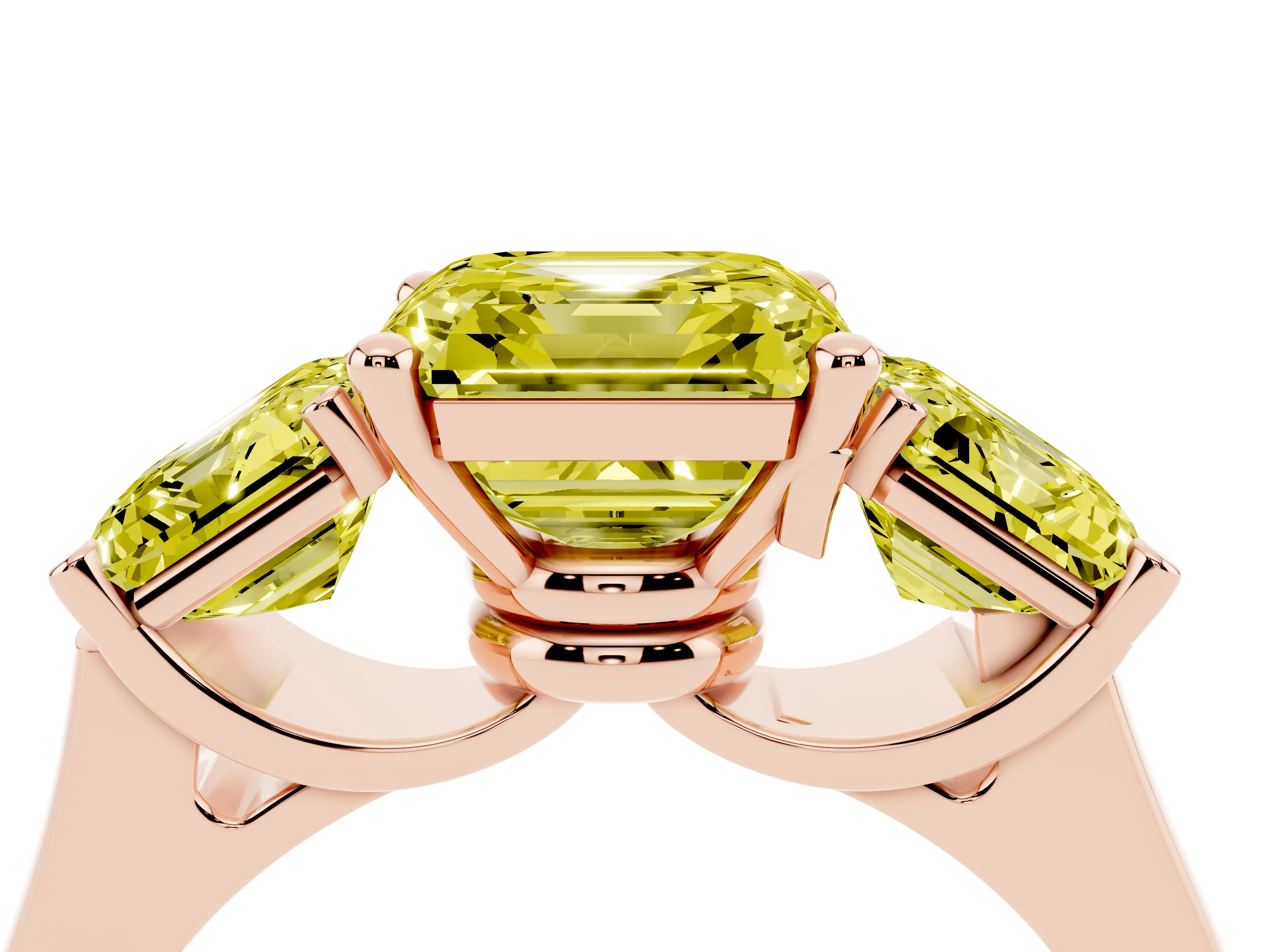 Fancy Yellow Asscher Cut Diamond Three-Stone Trellis Ring Set in Rose gold with Comfort Fit Band
