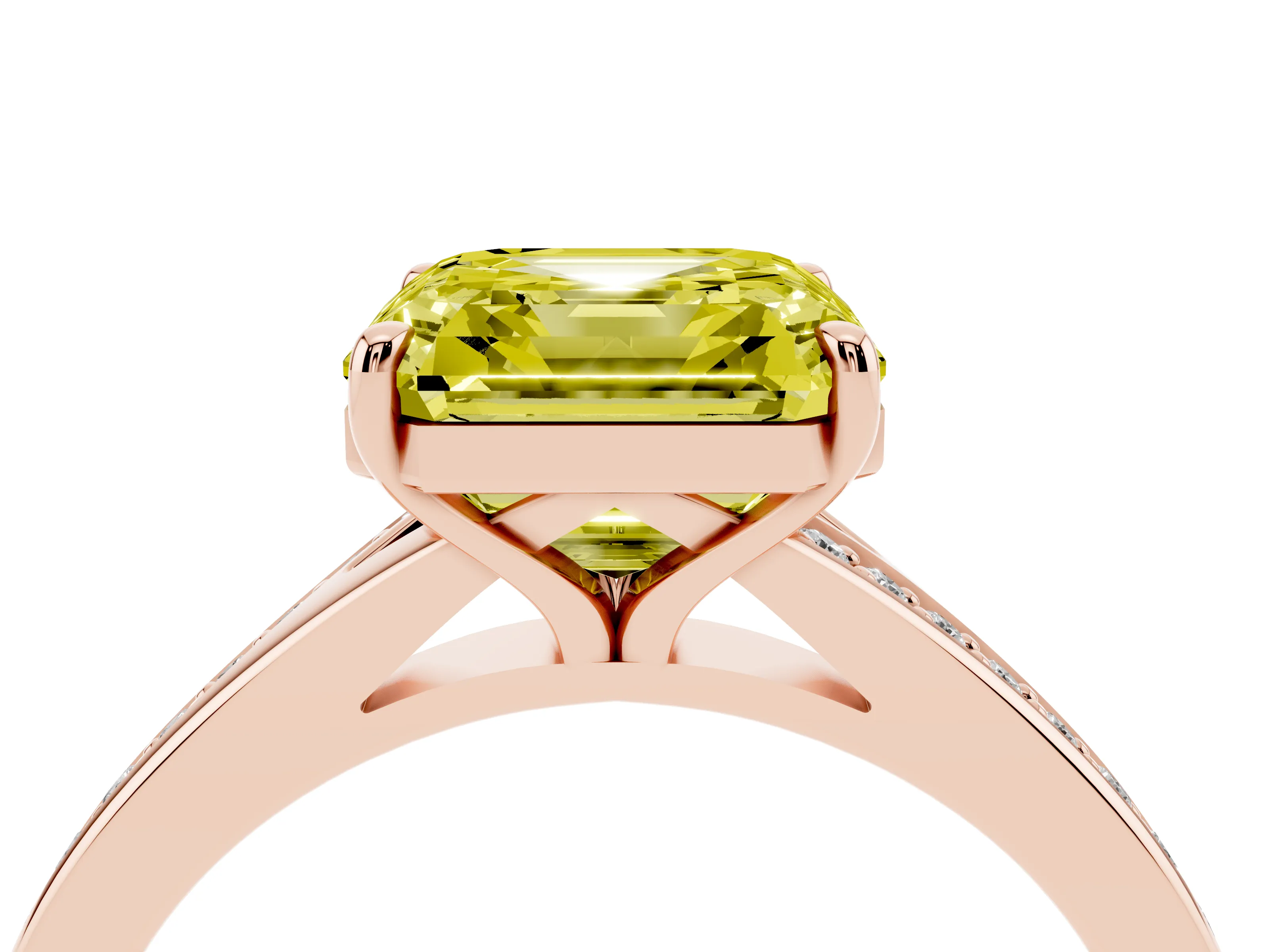 Fancy Yellow Asscher Cut Diamond Solitaire Ring Set in Rose gold with Pavé Accent Band and Classic Prong Setting