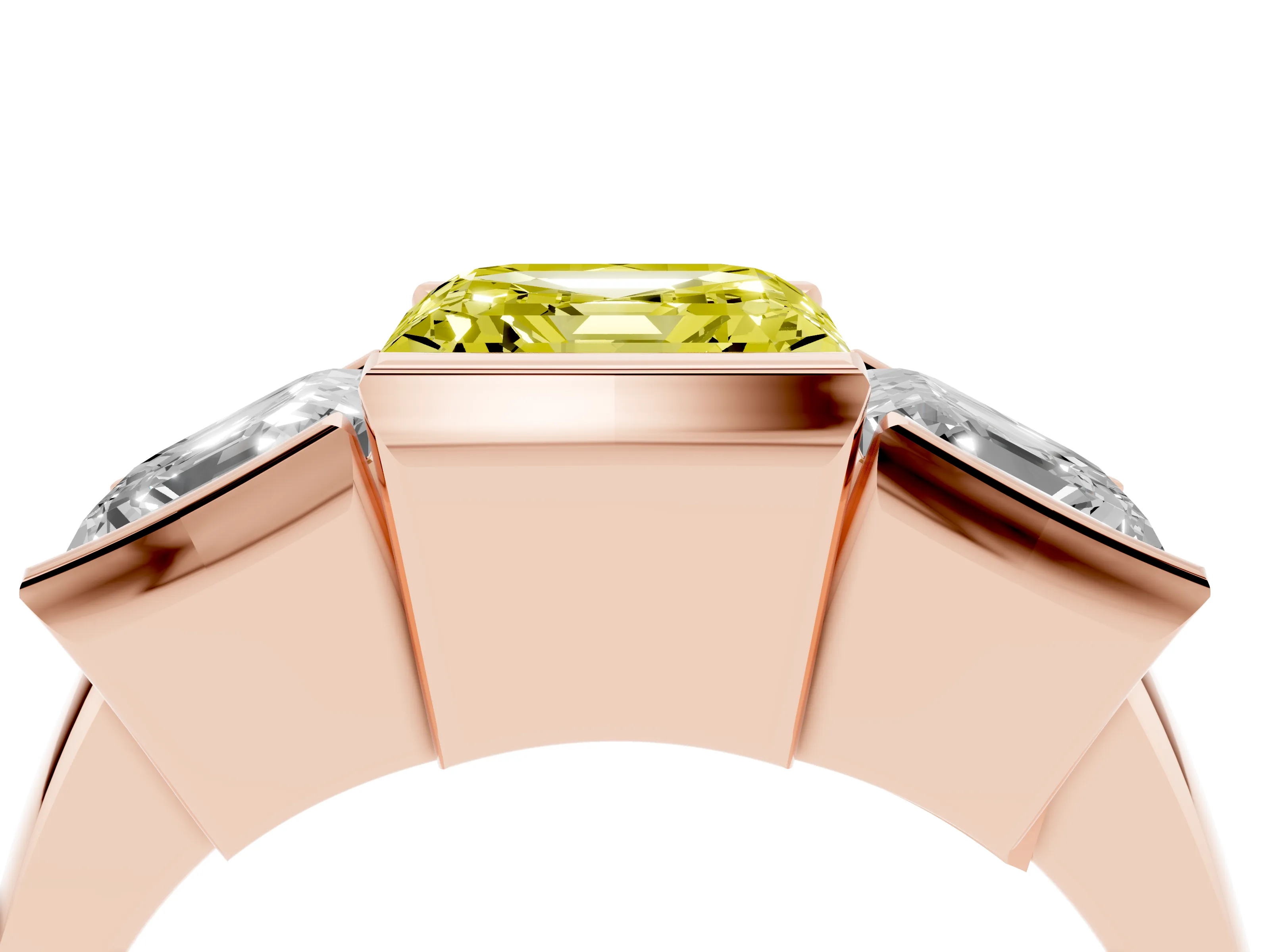 Fancy Yellow Asscher Cut Diamond Three-Stone Channel Set Ring Set in Rose gold with Smooth Polished Band